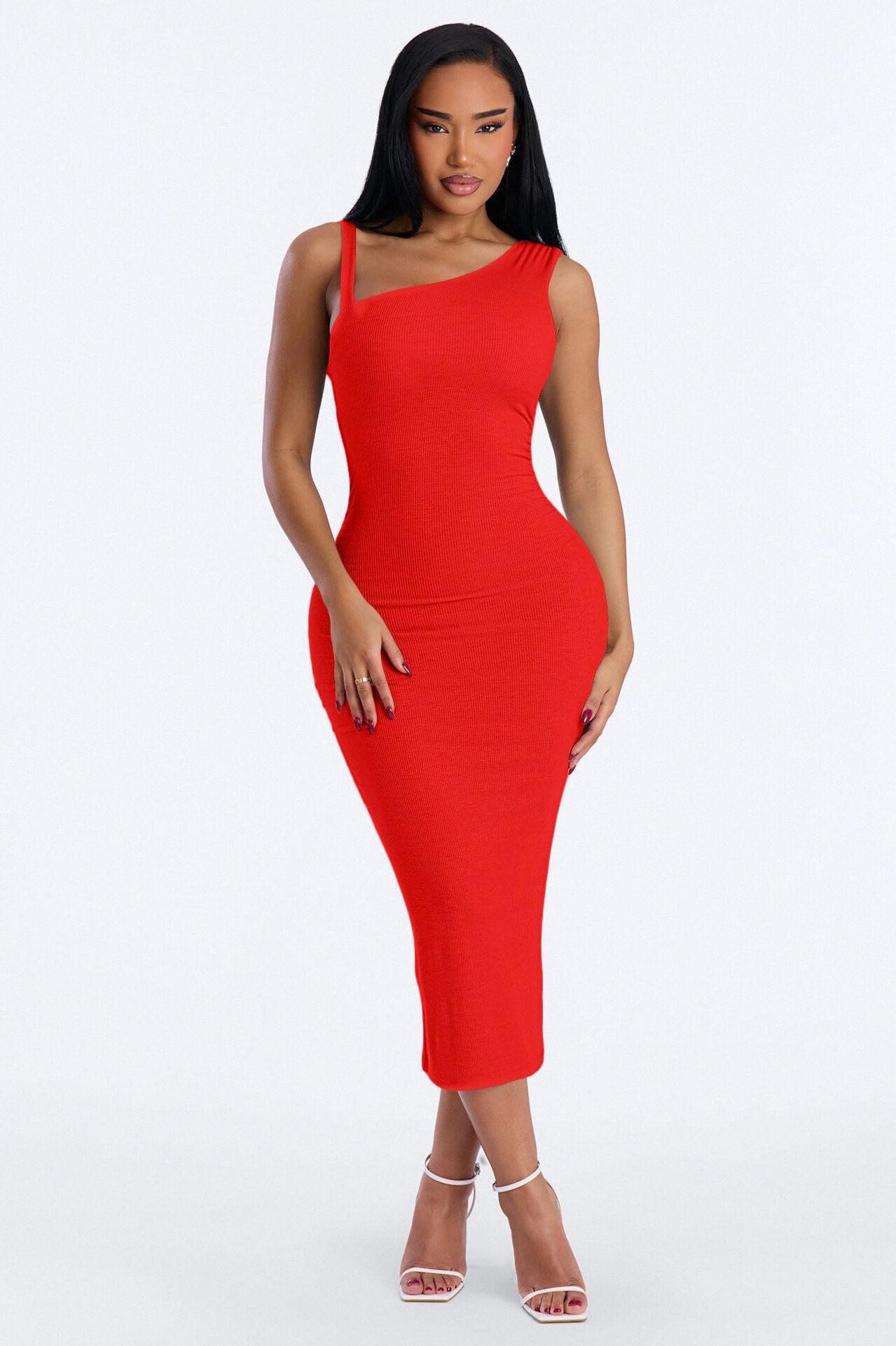 Adria Ribbed Midi Dress - Red