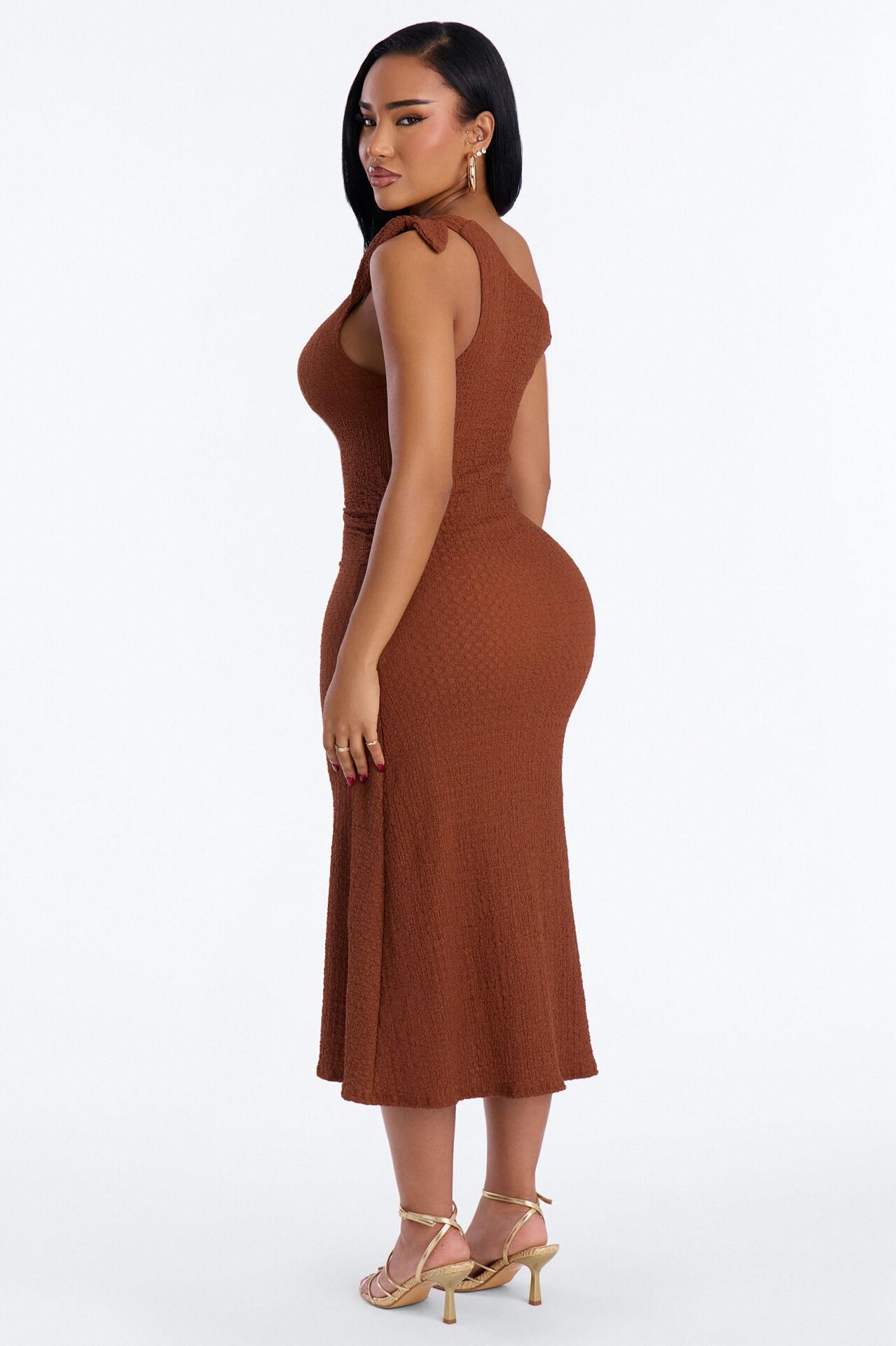 Crystal One Shoulder Textured Midi Dress - Chocolate