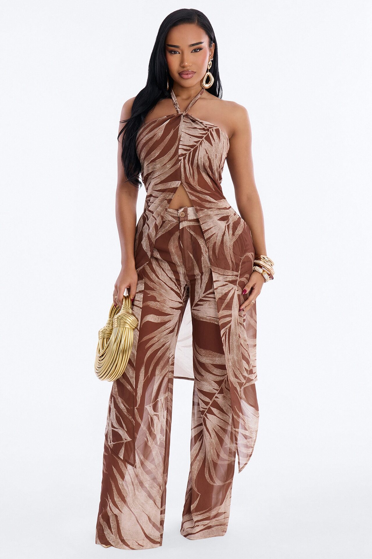 Sandra Tropical Halter Pant Set - Brown Combo