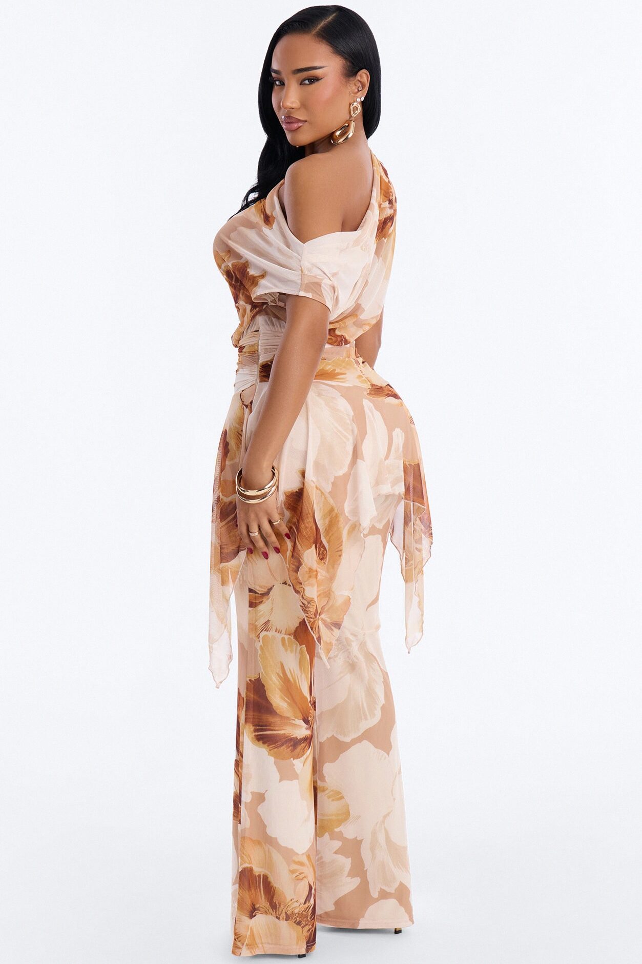 Syndi Mesh Draped Jumpsuit - Orange/combo
