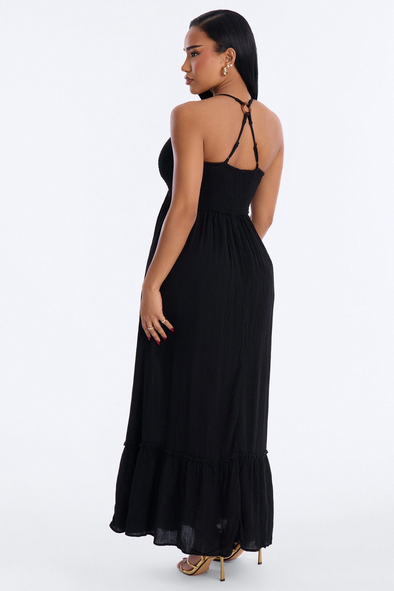 Raina Smocked Linen Maxi Dress - Black