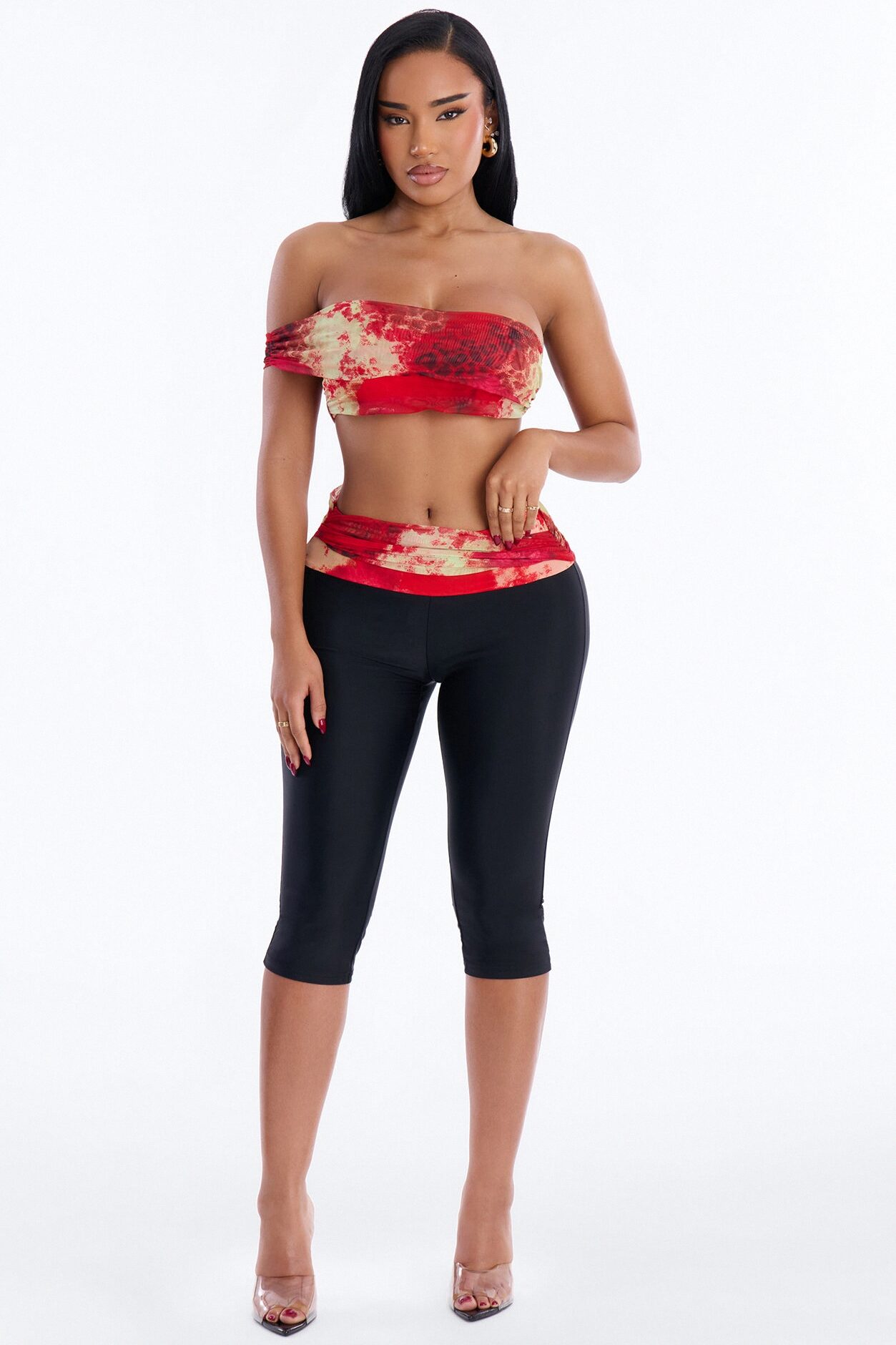 Heating Up One Shoulder Capri Set - Red/combo