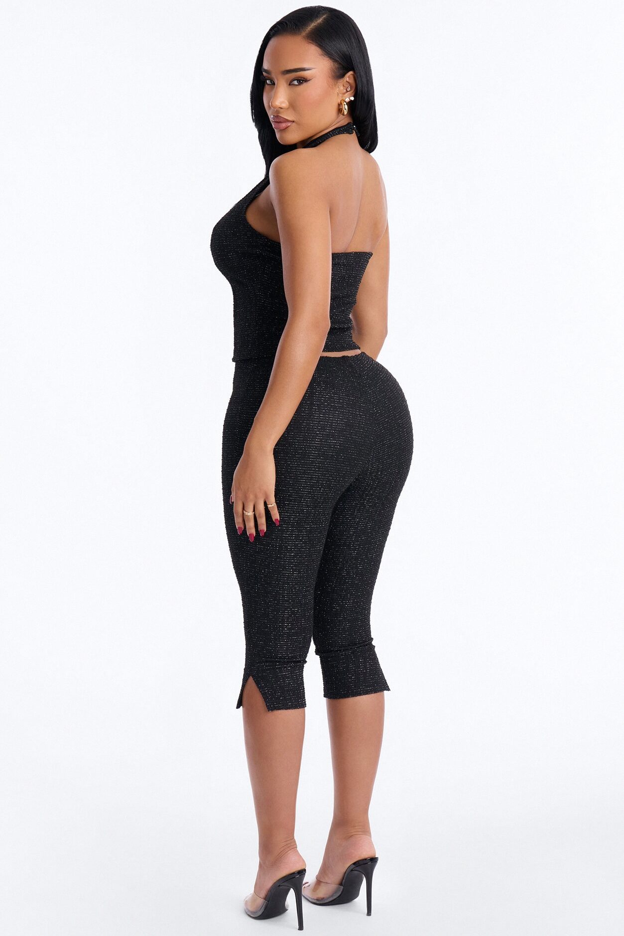 Keep My Promise Knit Tweed Capri Set - Black