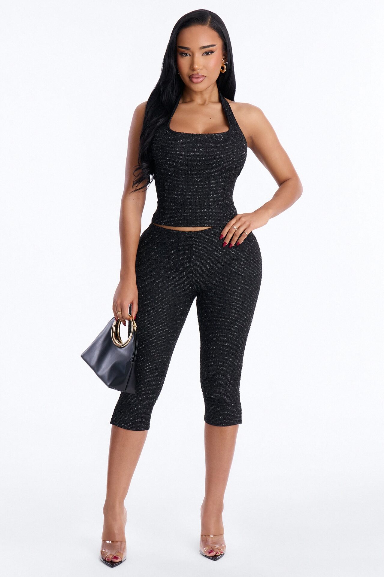 Keep My Promise Knit Tweed Capri Set - Black