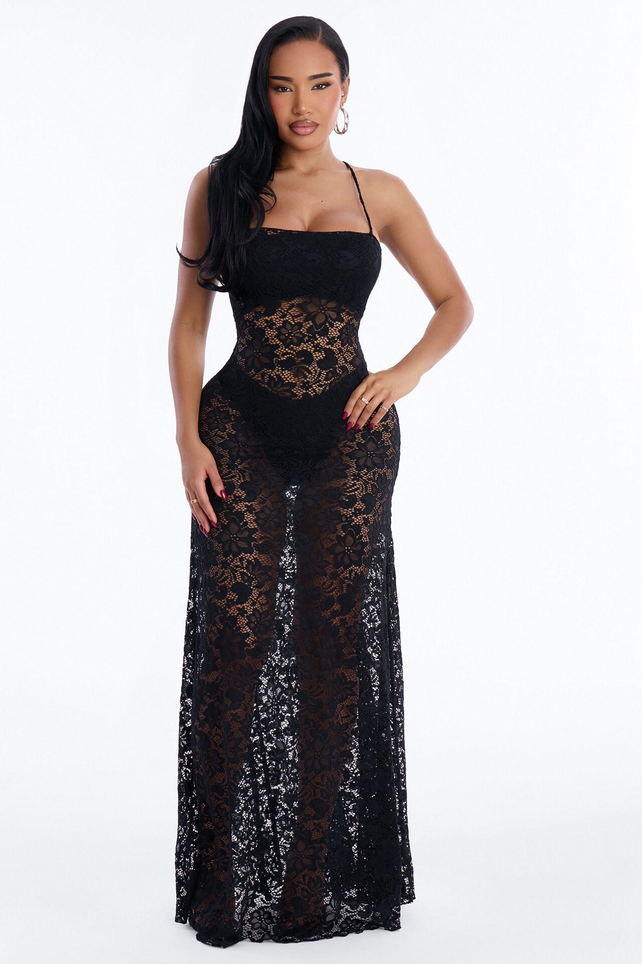Jaylin Sheer Lace Maxi Dress - Black