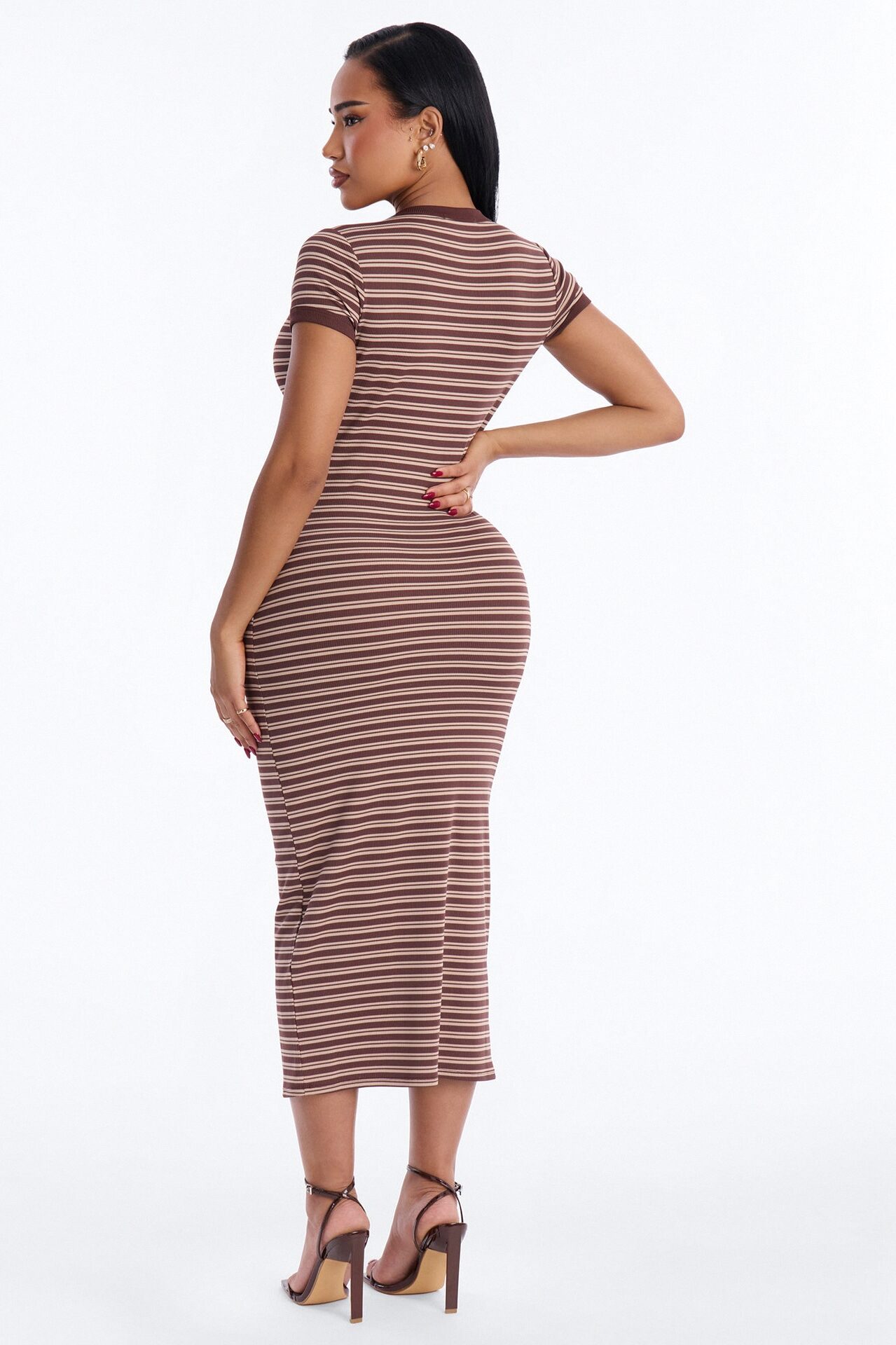 Aliana Striped Ribbed Midi Dress - Brown/combo