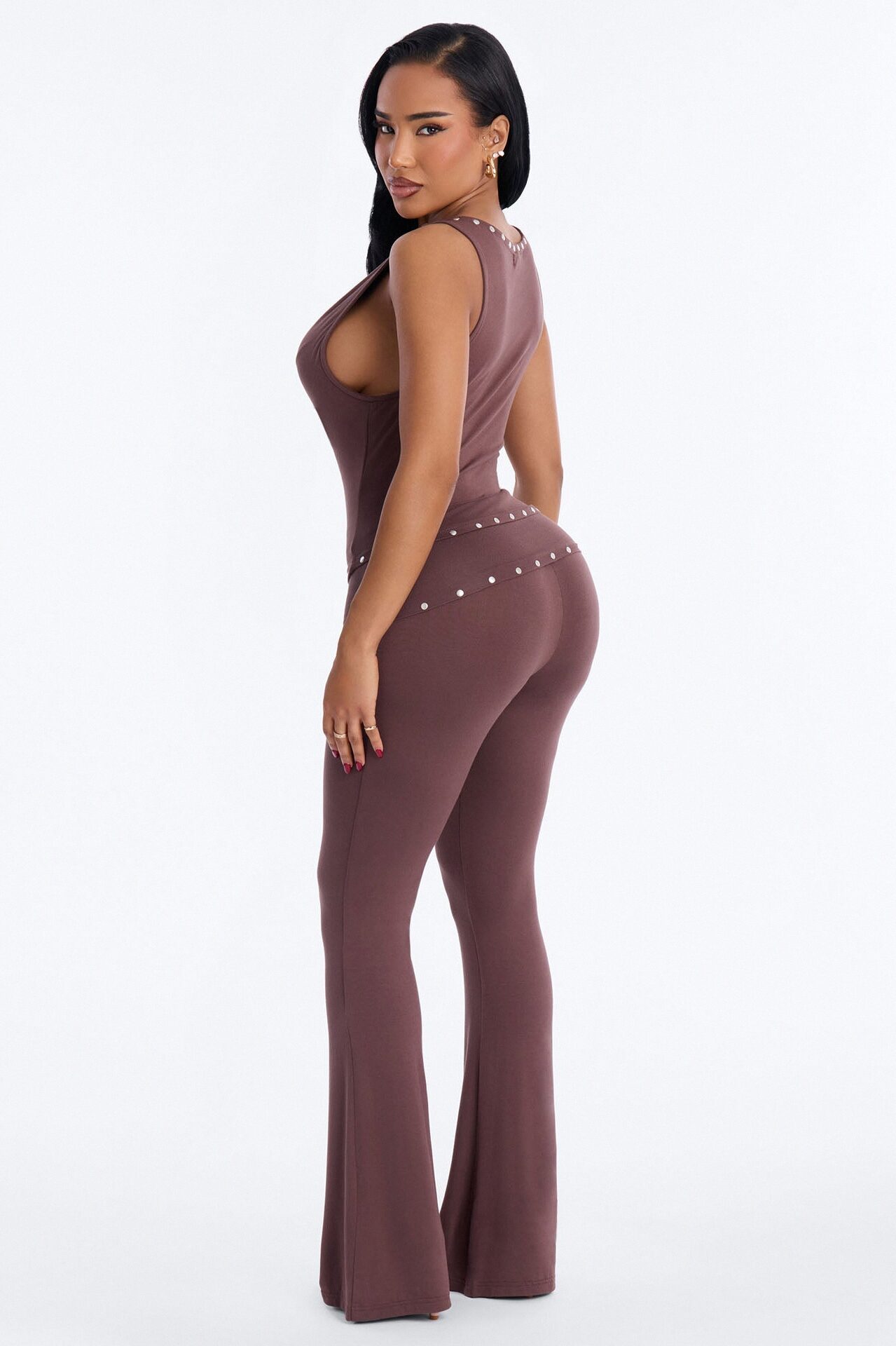 Anette Studded Flare Pant Set - Brown