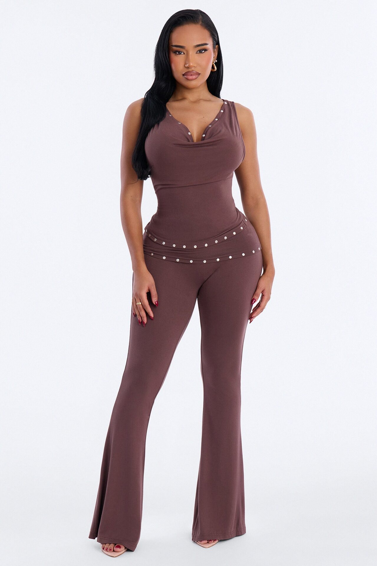 Anette Studded Flare Pant Set - Brown