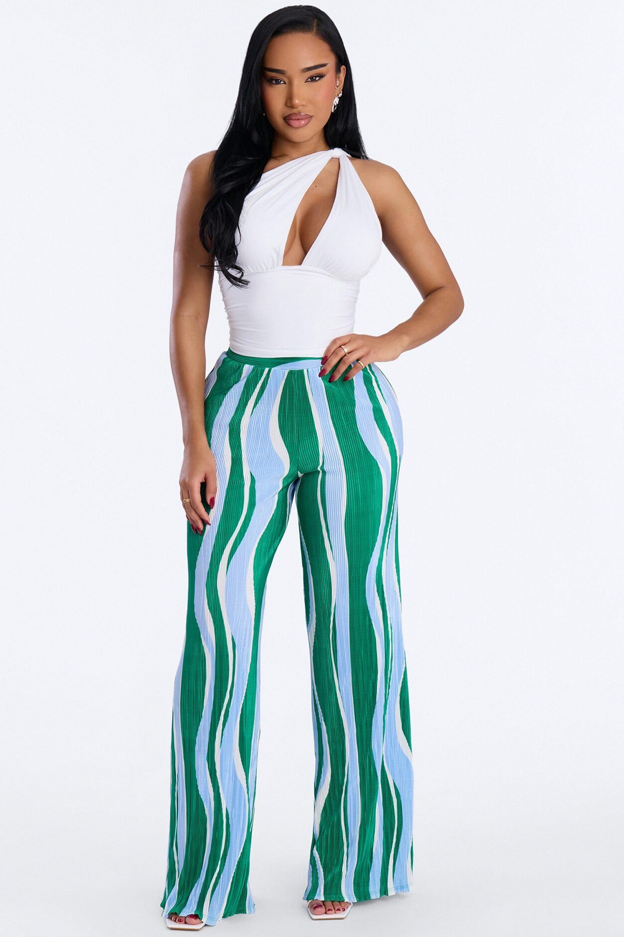 In The Tropics Abstract Plisse Wide Leg Pant 33″ - Green/combo