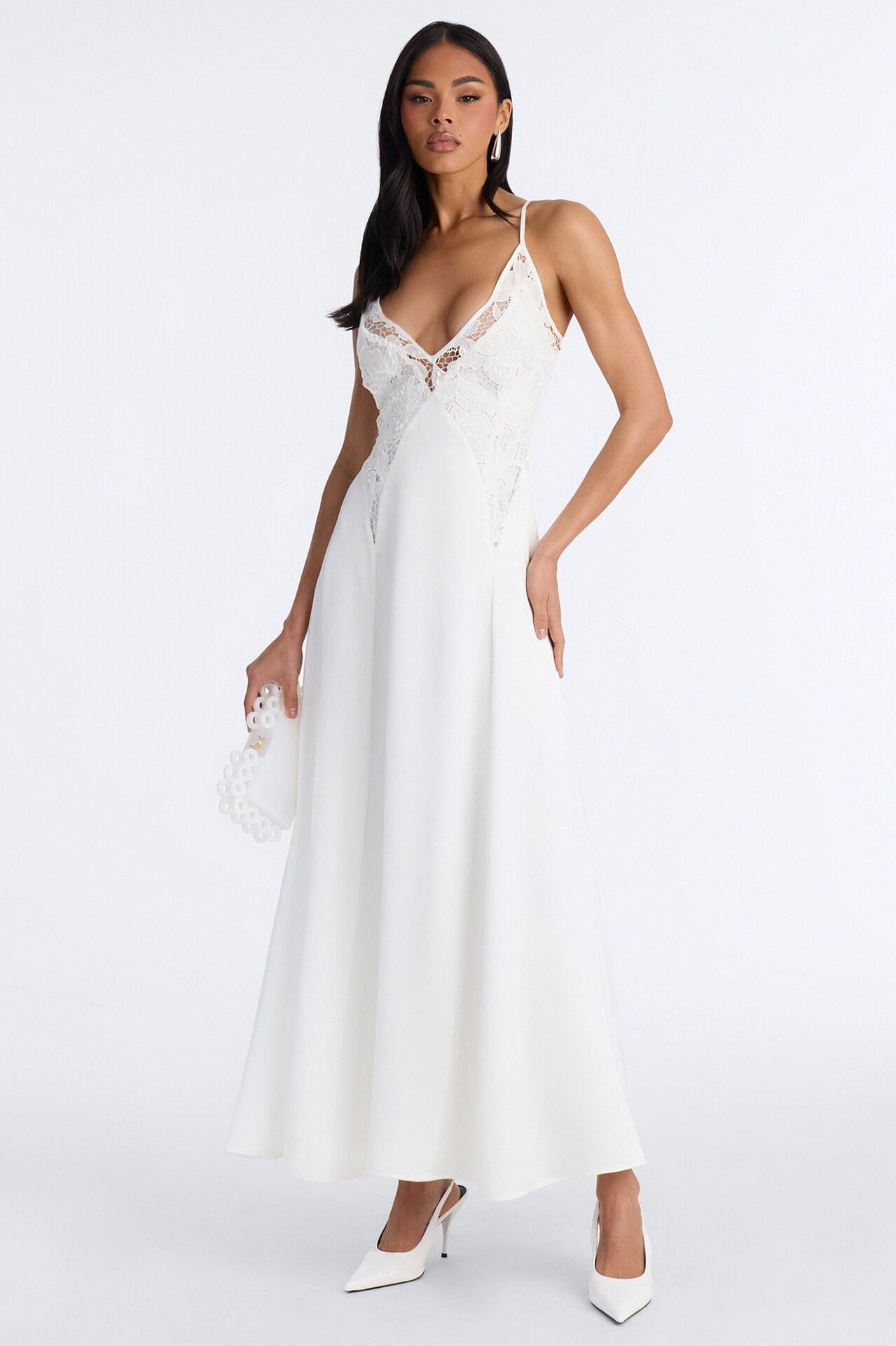 Analeigh Lace Satin Maxi Dress - White