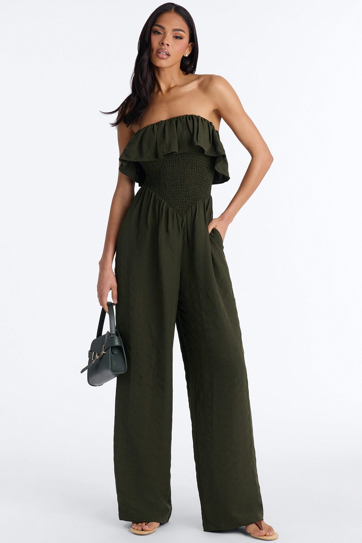 Coco Strapless Smocked Wide Leg Jumpsuit - Olive