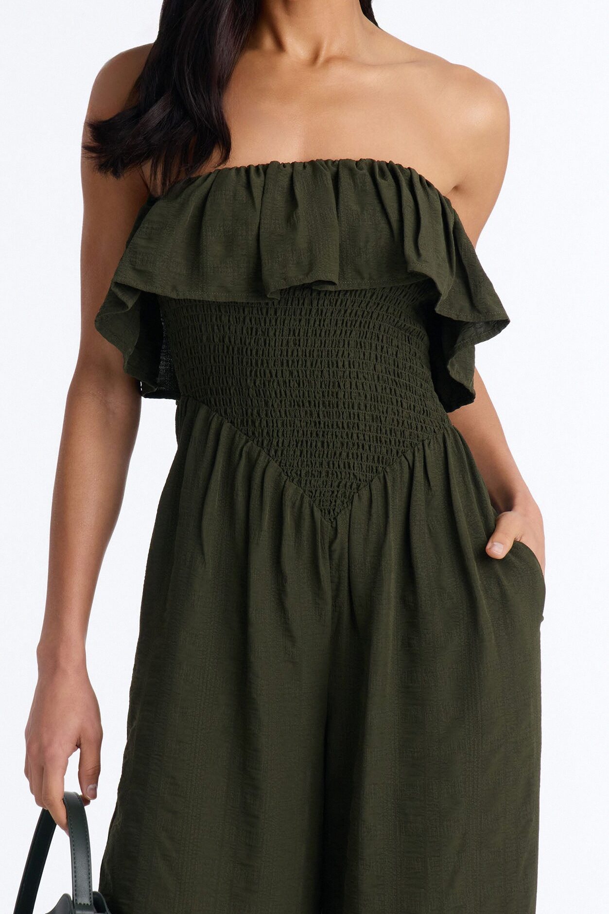 Coco Strapless Smocked Wide Leg Jumpsuit - Olive