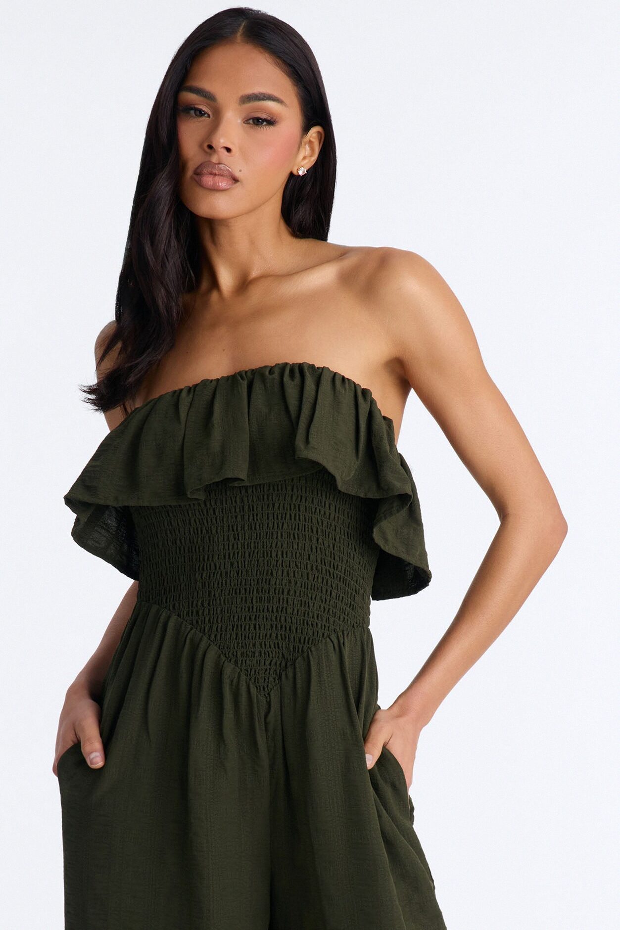 Coco Strapless Smocked Wide Leg Jumpsuit - Olive