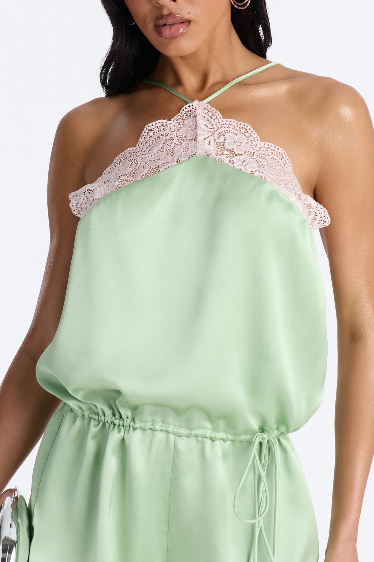 Mel Satin Lace Trim Micro Romper - Sage