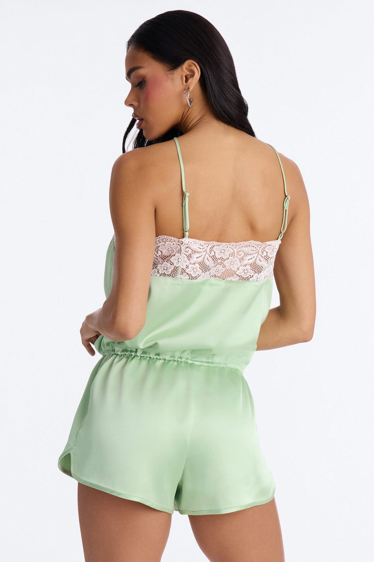 Mel Satin Lace Trim Micro Romper - Sage