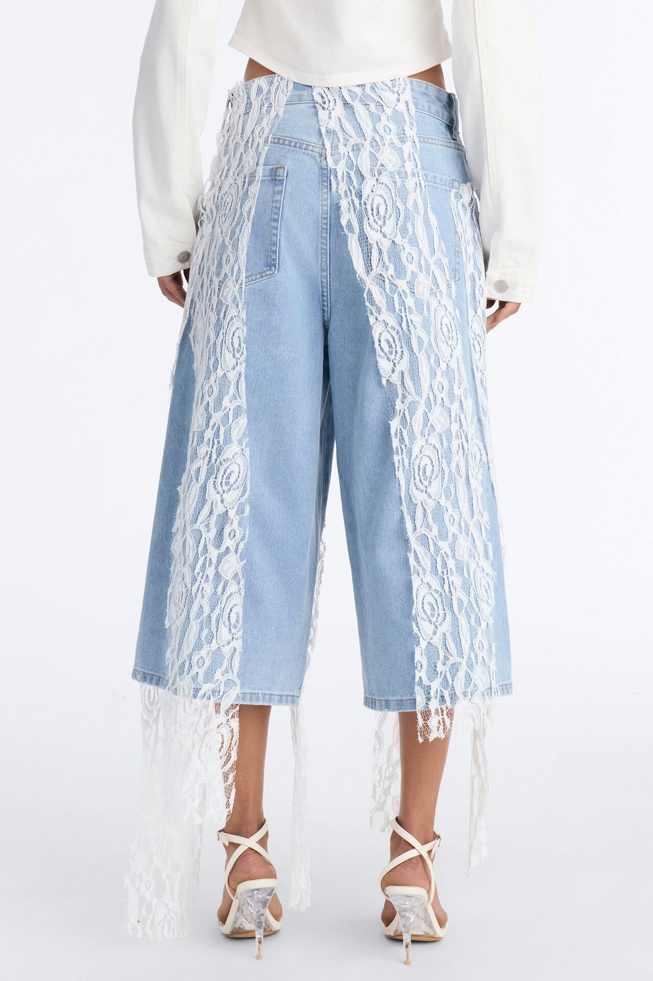 Delicate Dreams Lace Trim Culotte Jeans - Light Wash