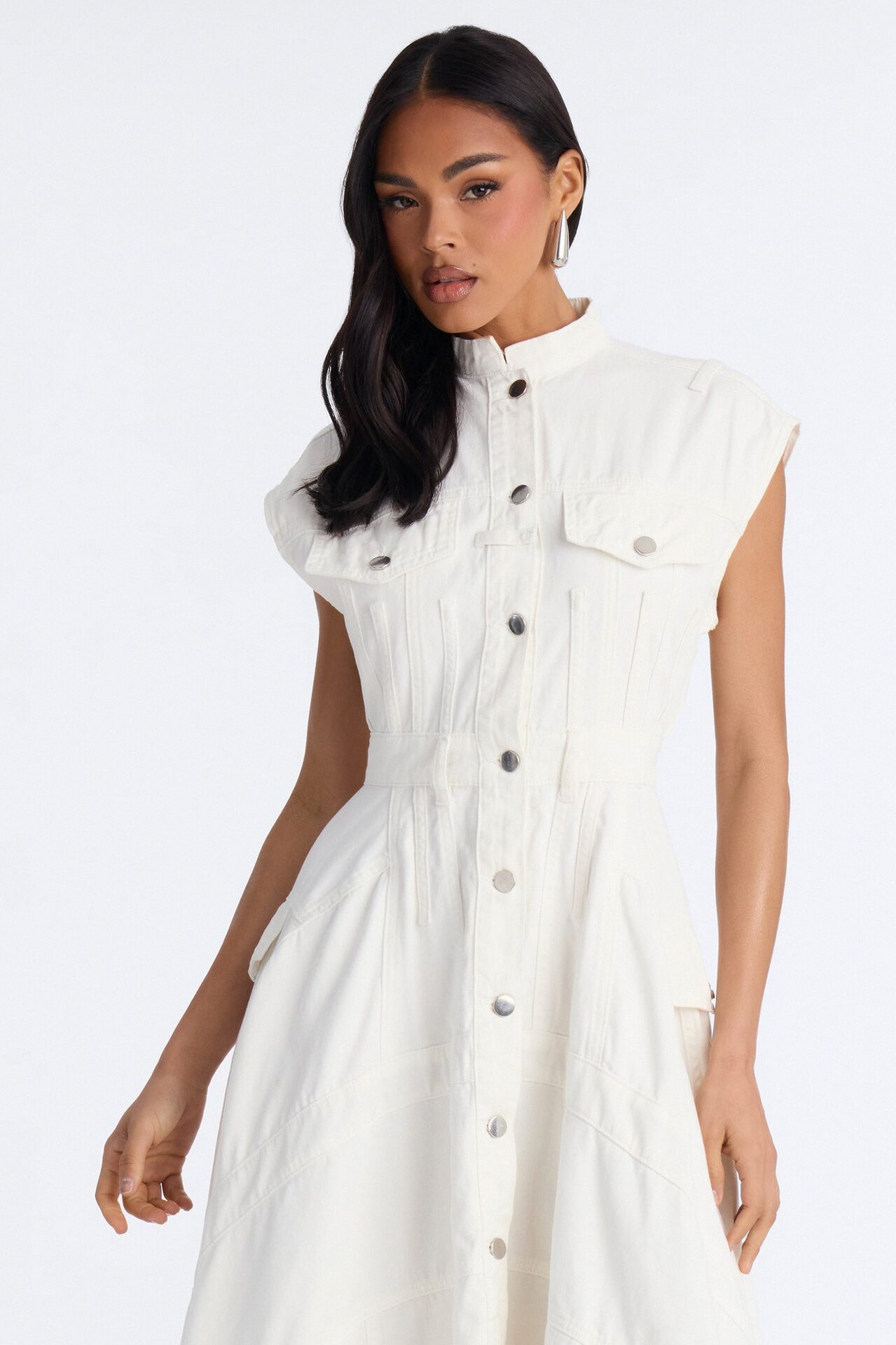 Dolly Button Up Denim Midi Dress - White