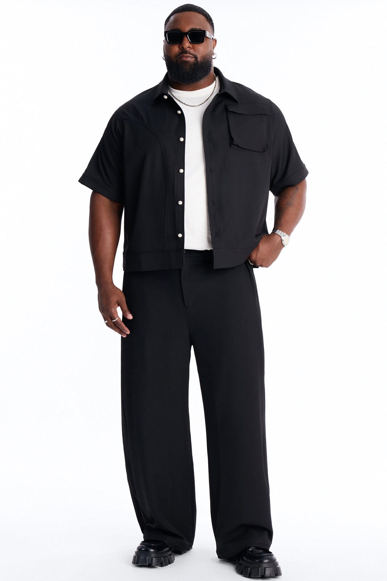 Pearl Paneled Utility Button Up Shirt - Black