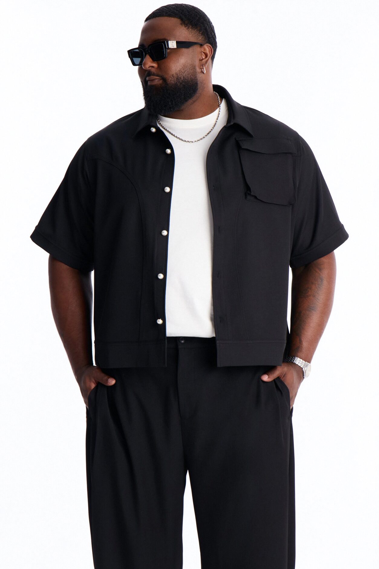 Pearl Paneled Utility Button Up Shirt - Black
