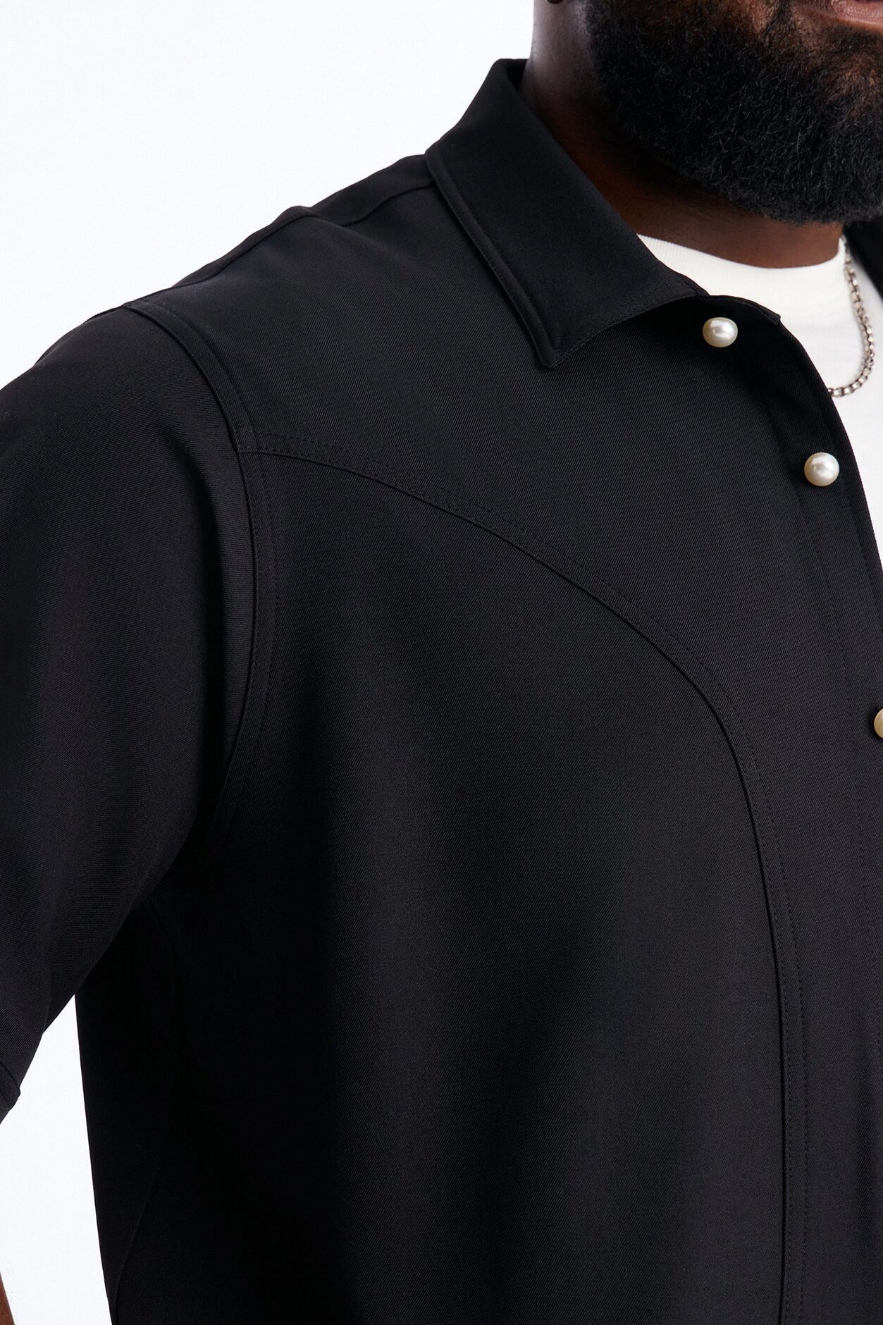 Pearl Paneled Utility Button Up Shirt - Black