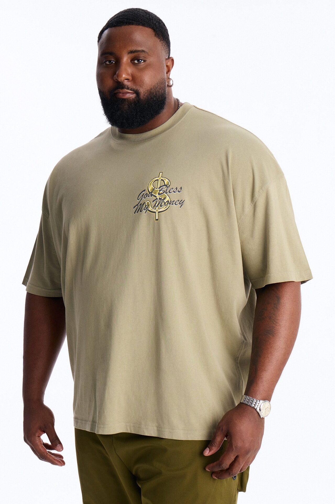 God Bless My Money Oversized Short Sleeve Tee - Olive