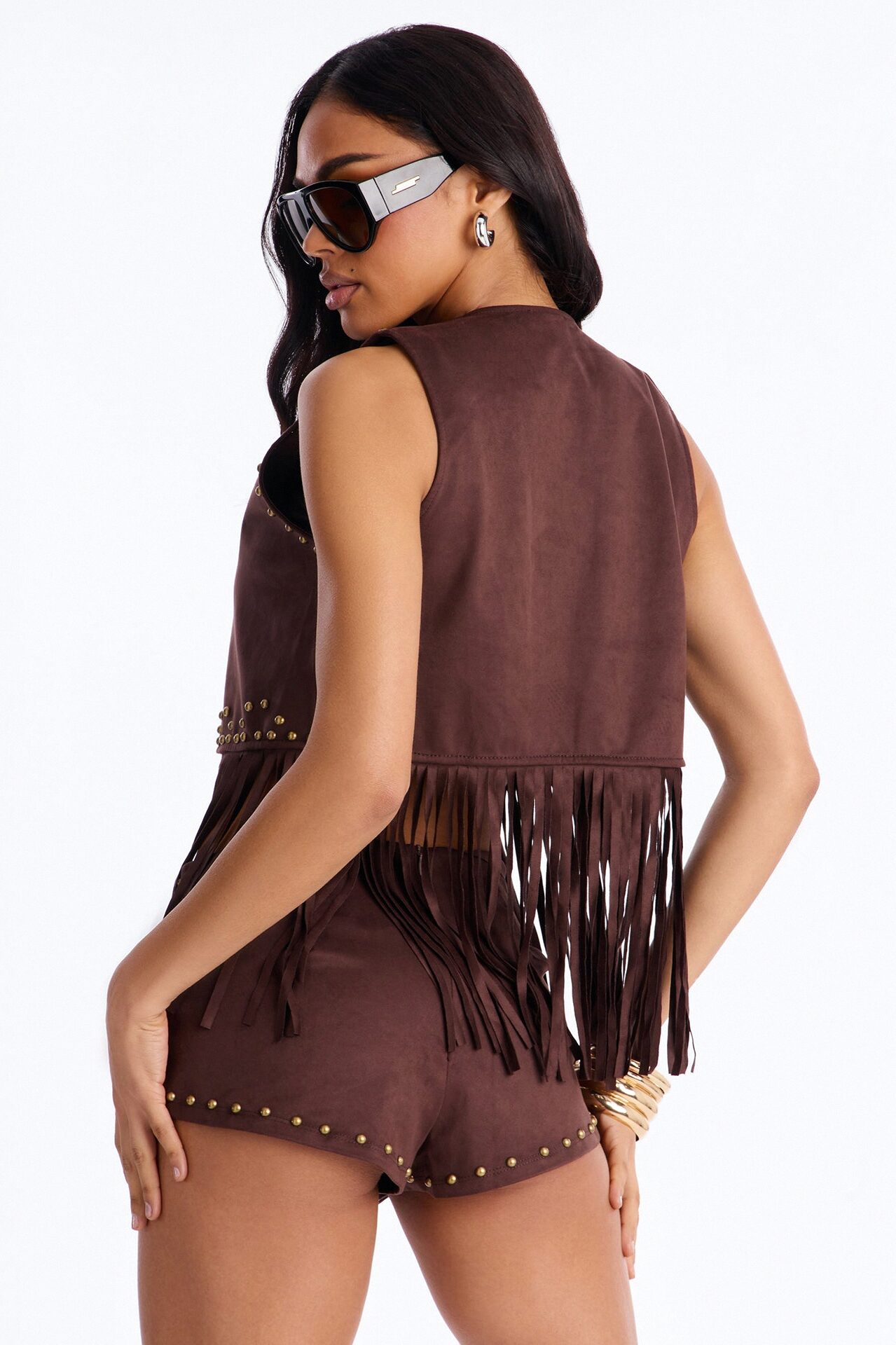 Rodeo Rebel Faux Suede Fringe Studded Short Set - Brown