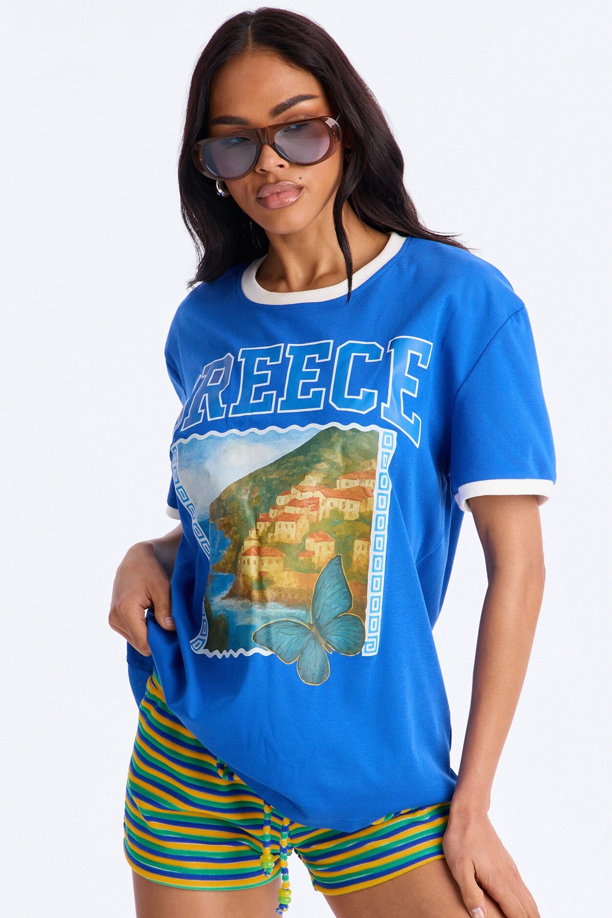 Greece Oversized Ringer Tee - Blue