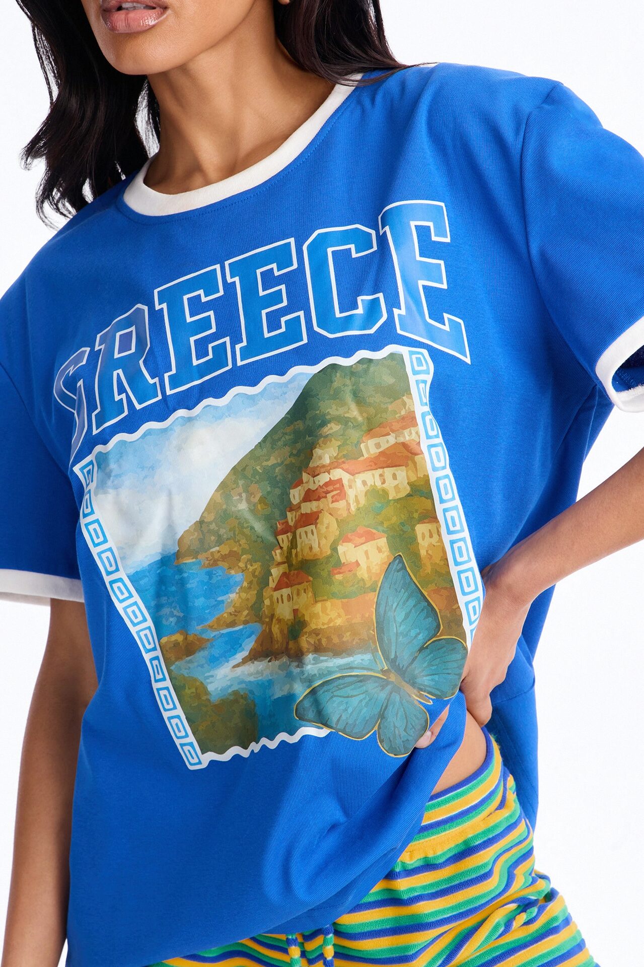 Greece Oversized Ringer Tee - Blue