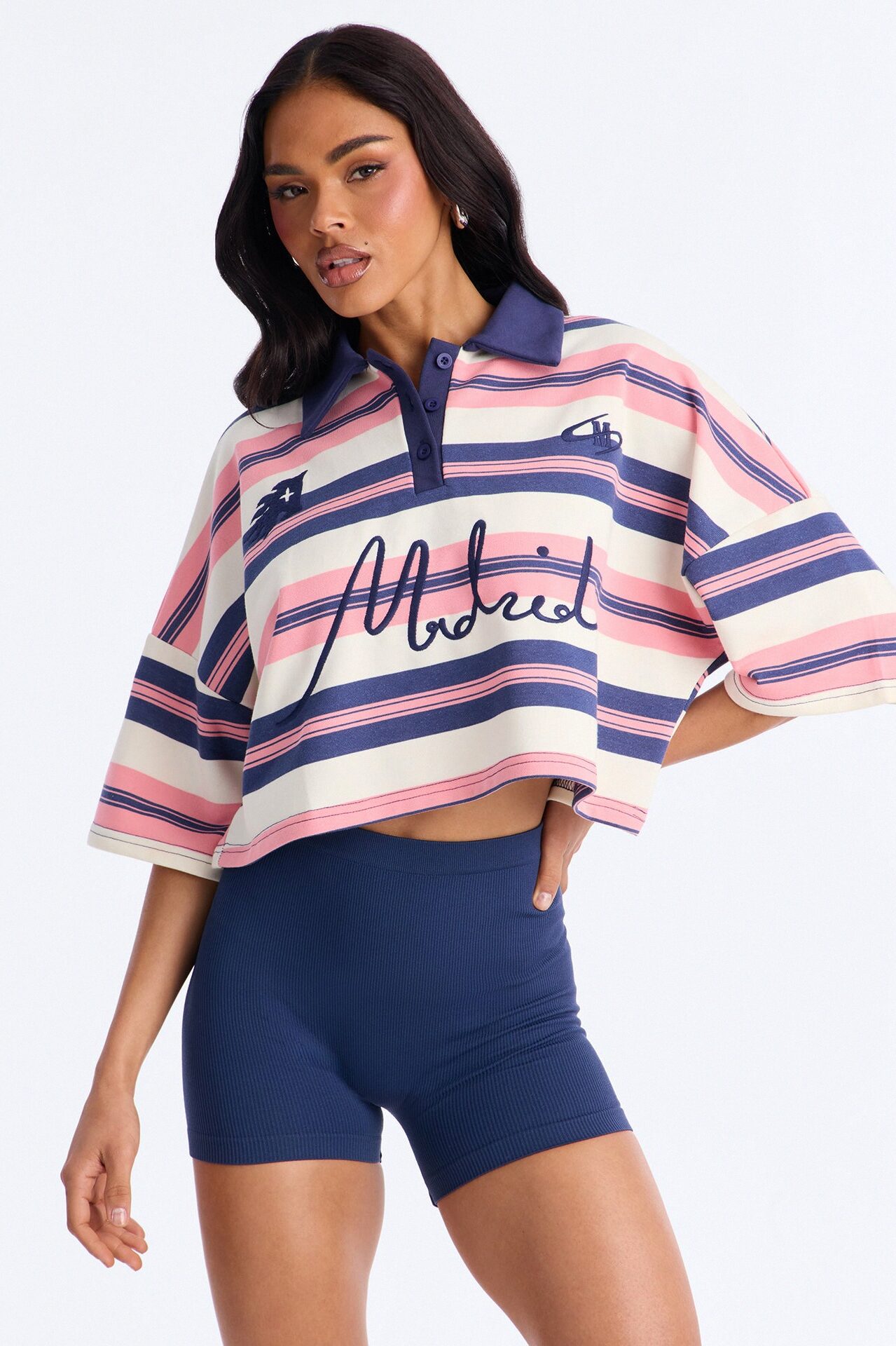 Madrid Stripe Cropped Polo Top - Navy/combo