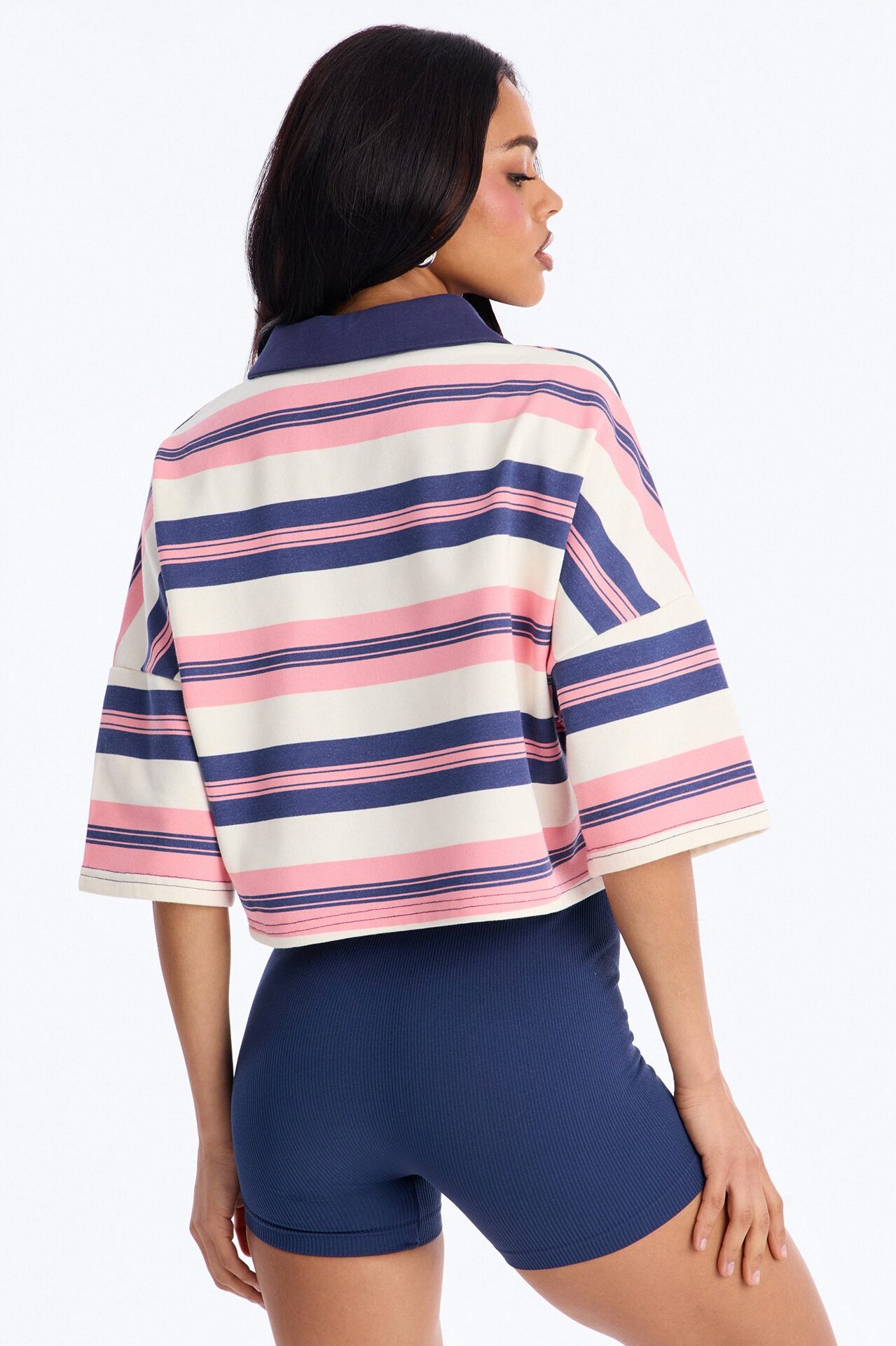 Madrid Stripe Cropped Polo Top - Navy/combo