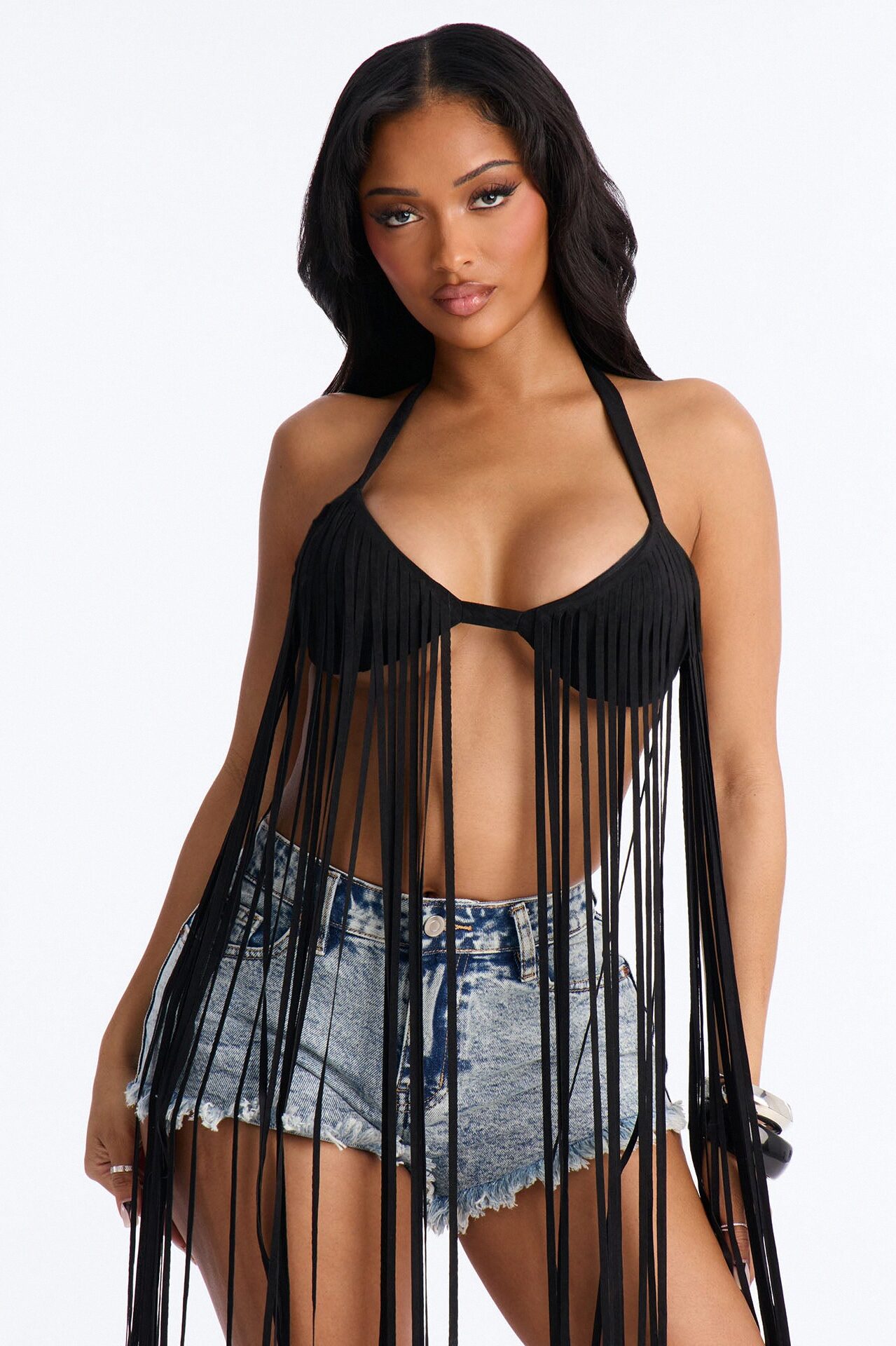 Stay Dramatic Fringe Halter Top - Black