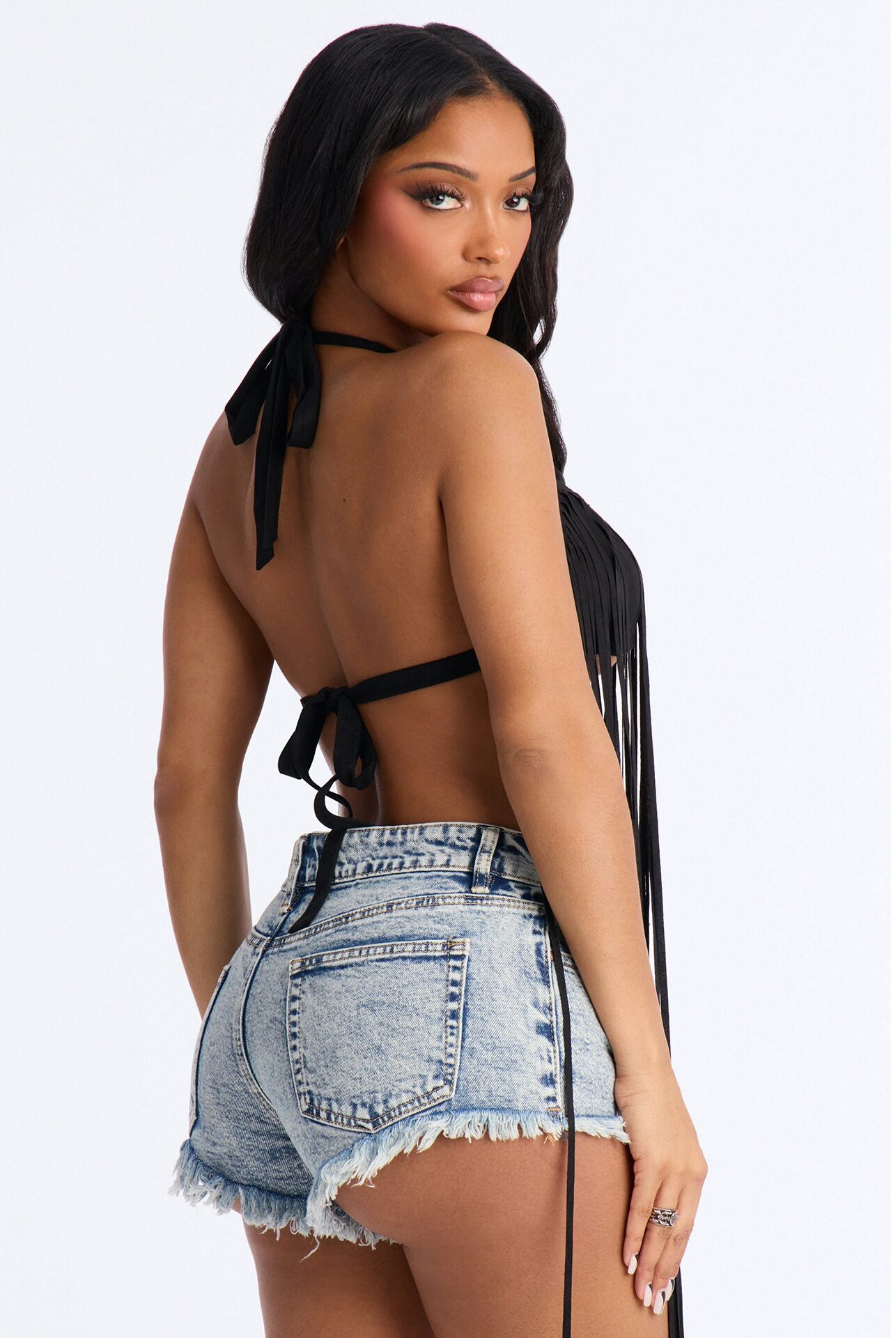Stay Dramatic Fringe Halter Top - Black