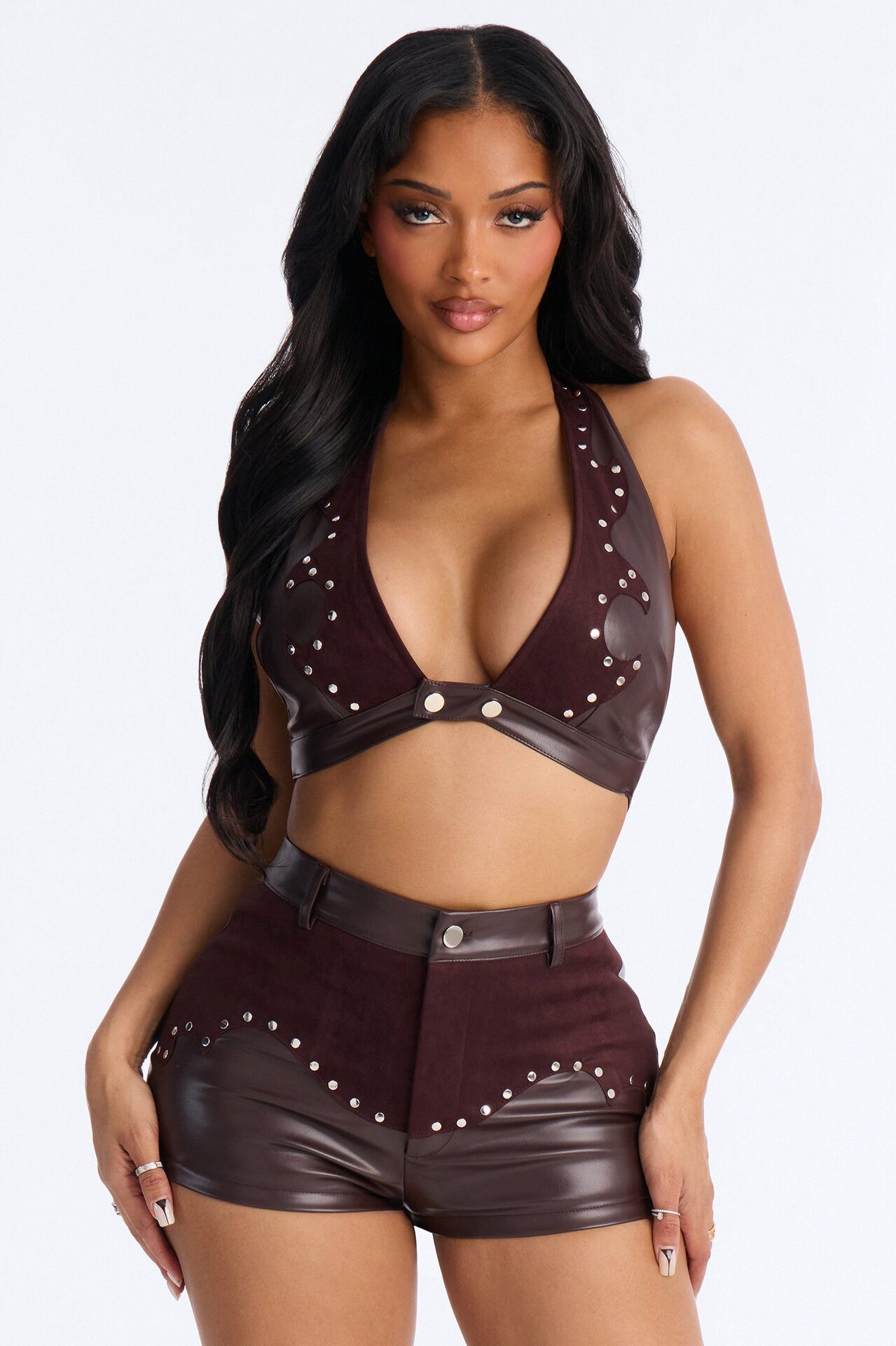 Saddle Up Studded Faux Leather Short Set - Chocolate
