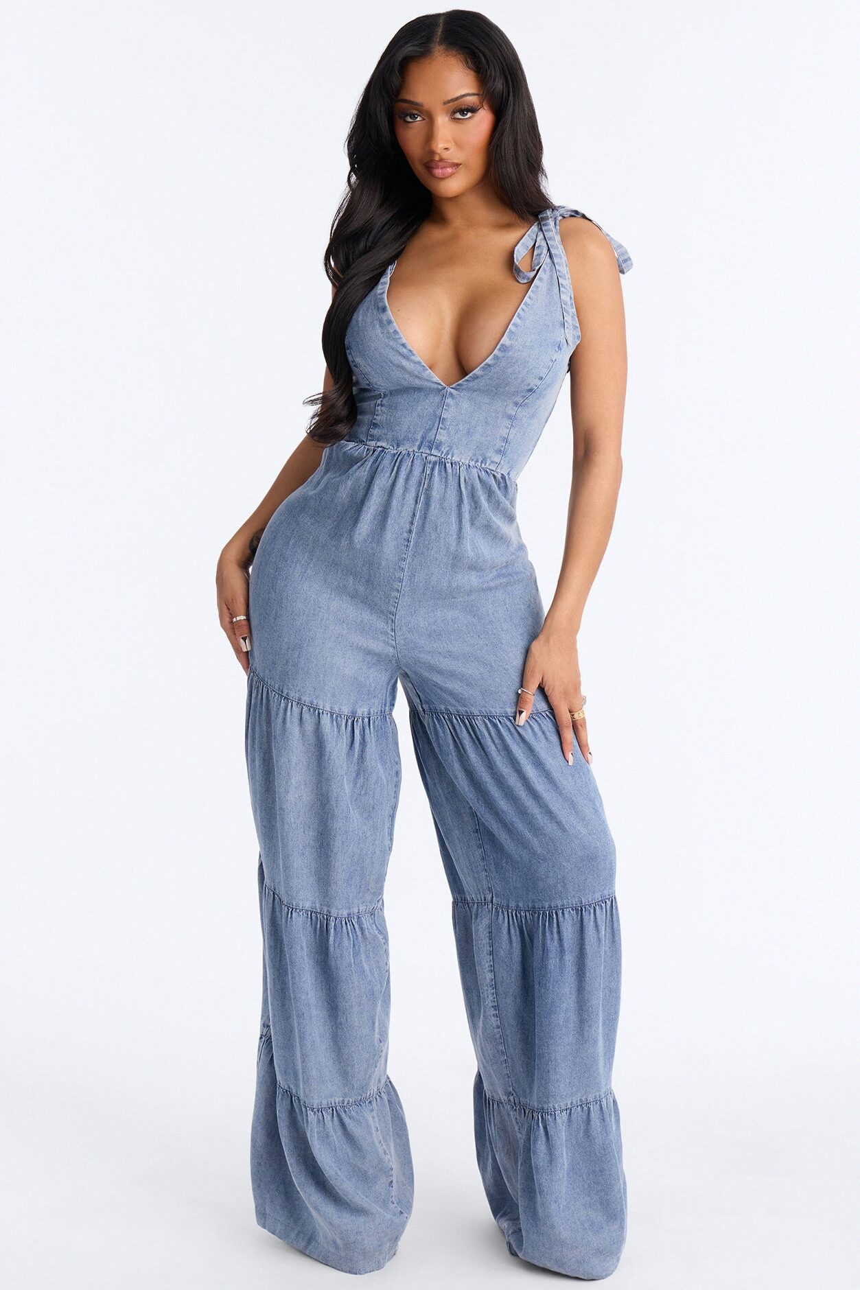 Keep Up Chambray Tiered Jumpsuit - Medium Wash