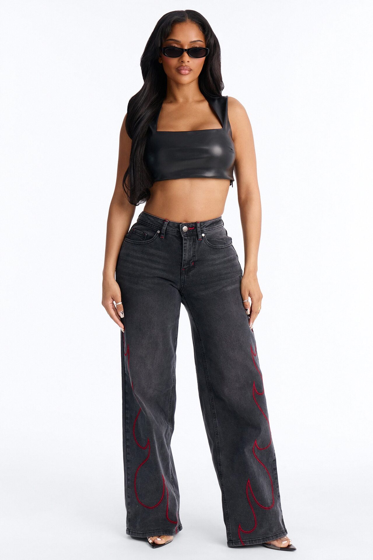 Ignite Old Flame Embroidered Wide Leg Jeans - Black Wash