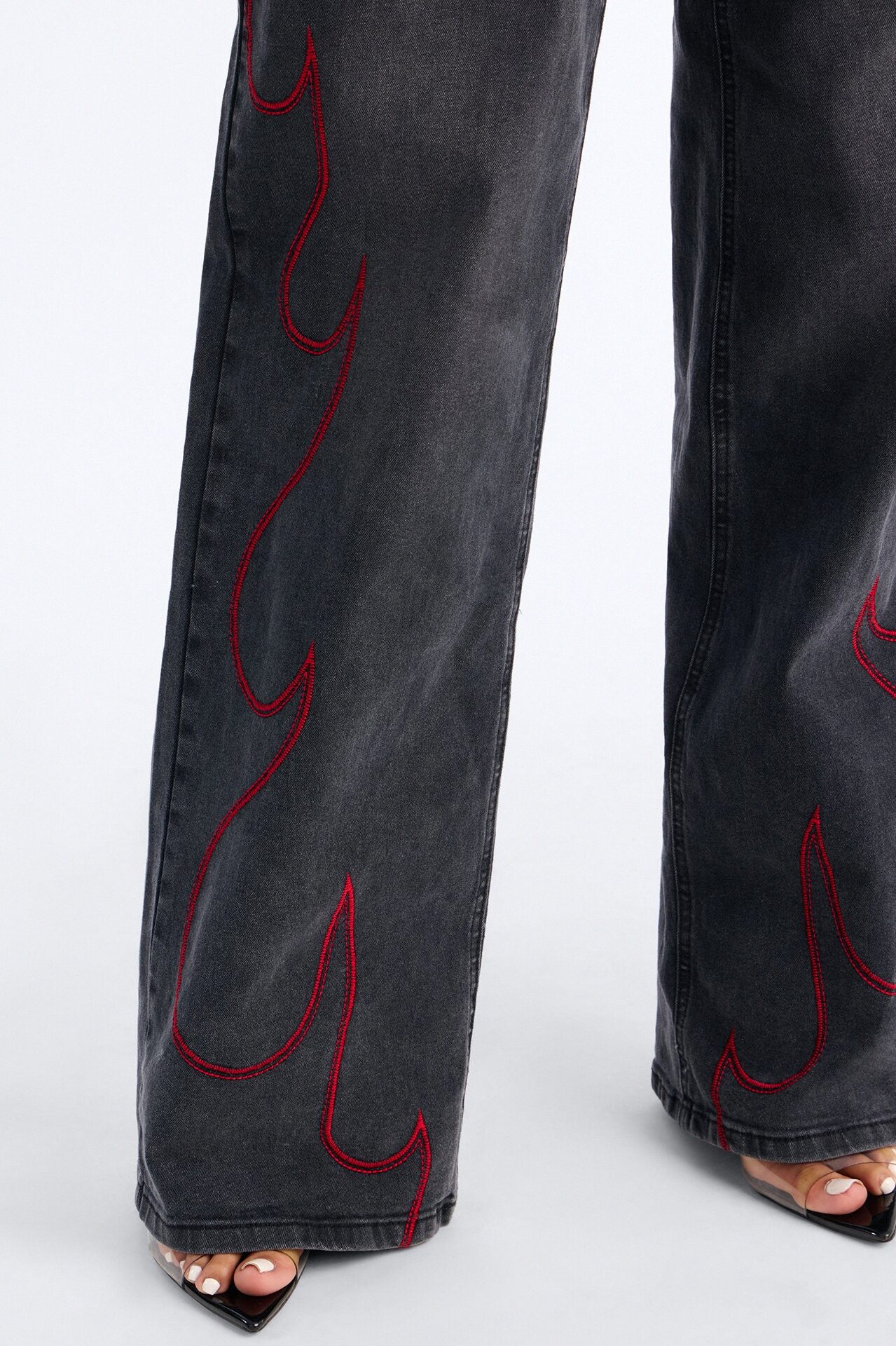 Ignite Old Flame Embroidered Wide Leg Jeans - Black Wash