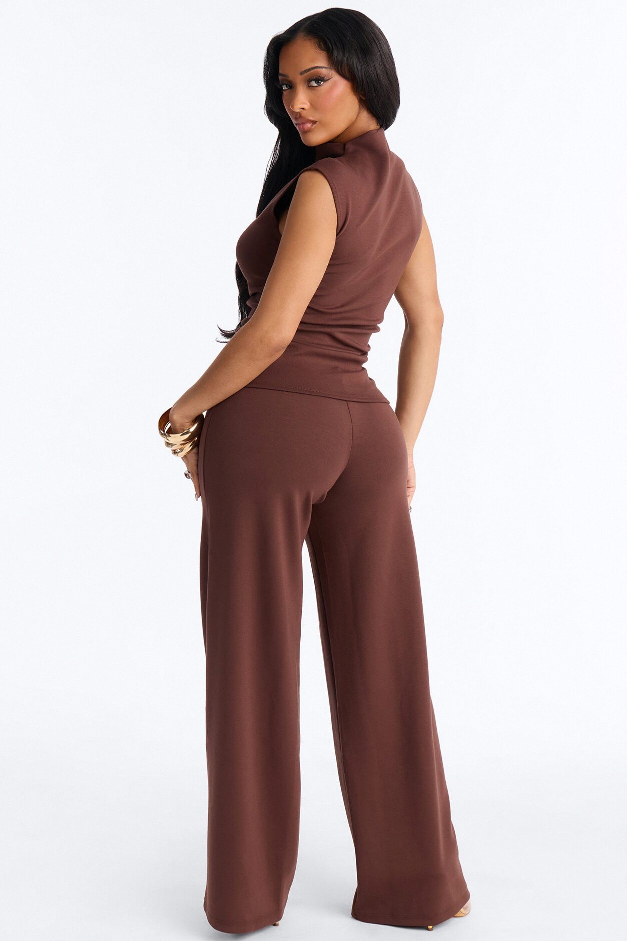Kiana Sleeveless Mock Neck Pant Set - Chocolate