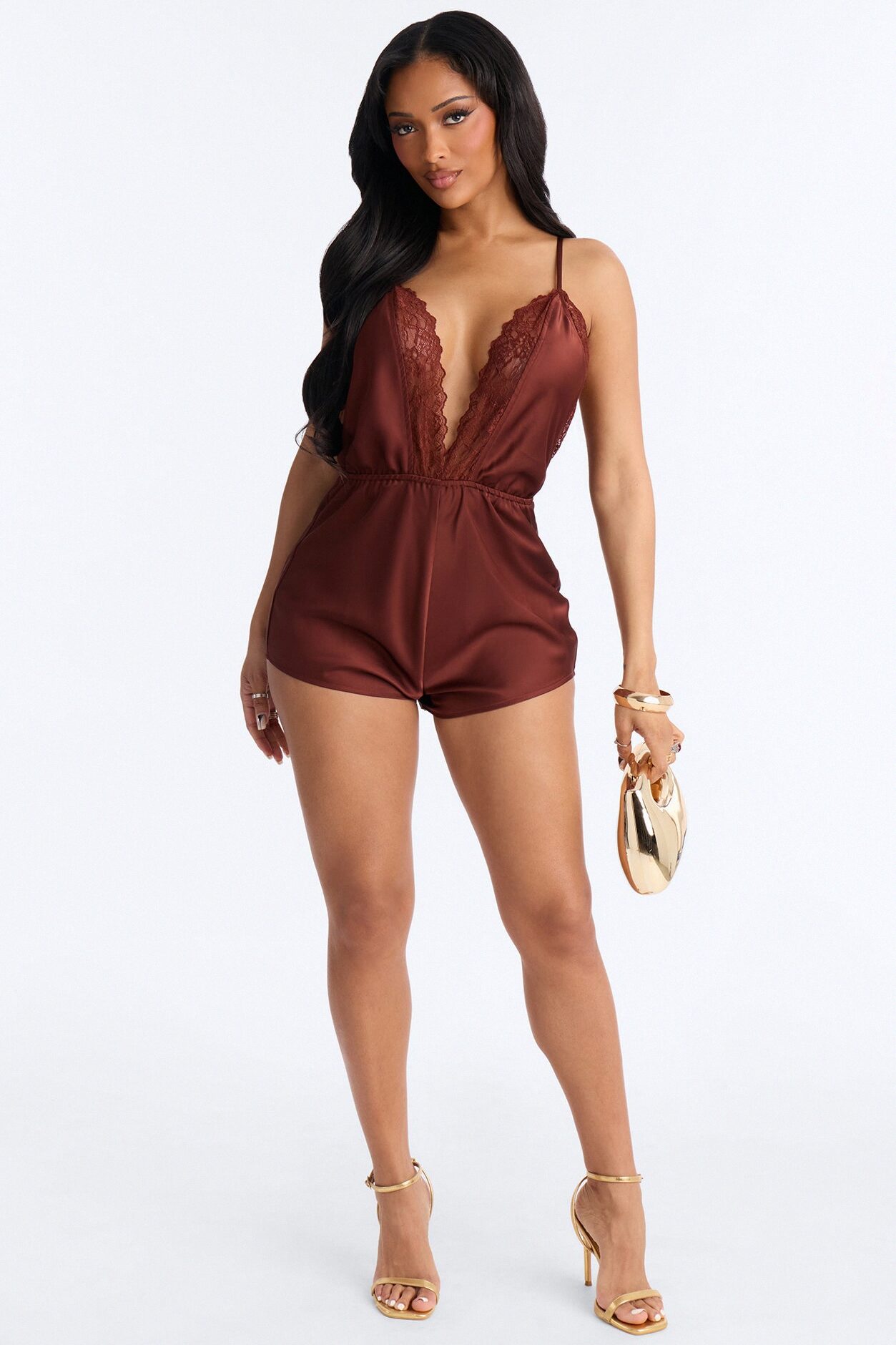 Grace Satin Backless Micro Romper - Chocolate
