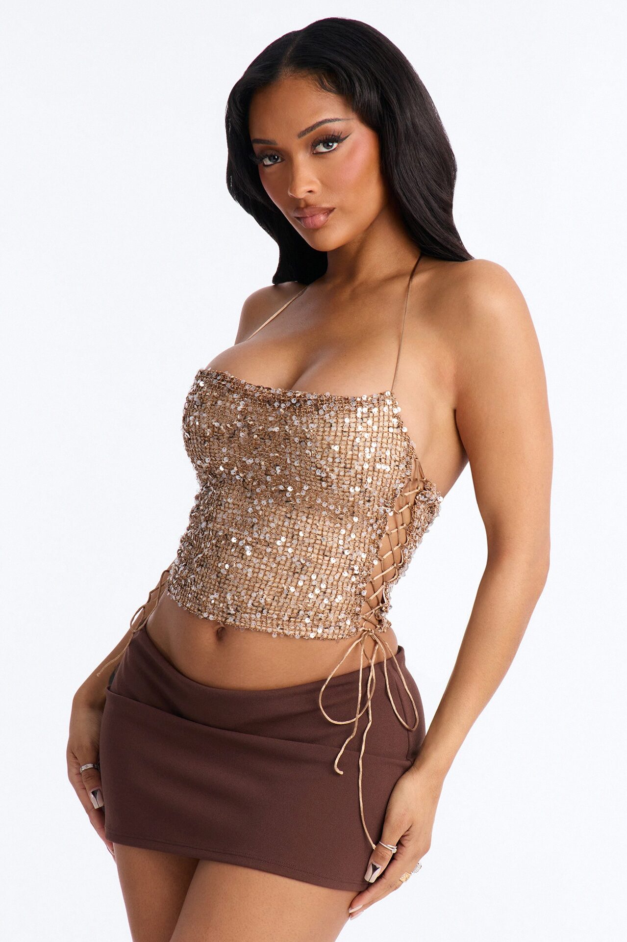 All The Glitters Lace Up Sequin Halter Top - Taupe