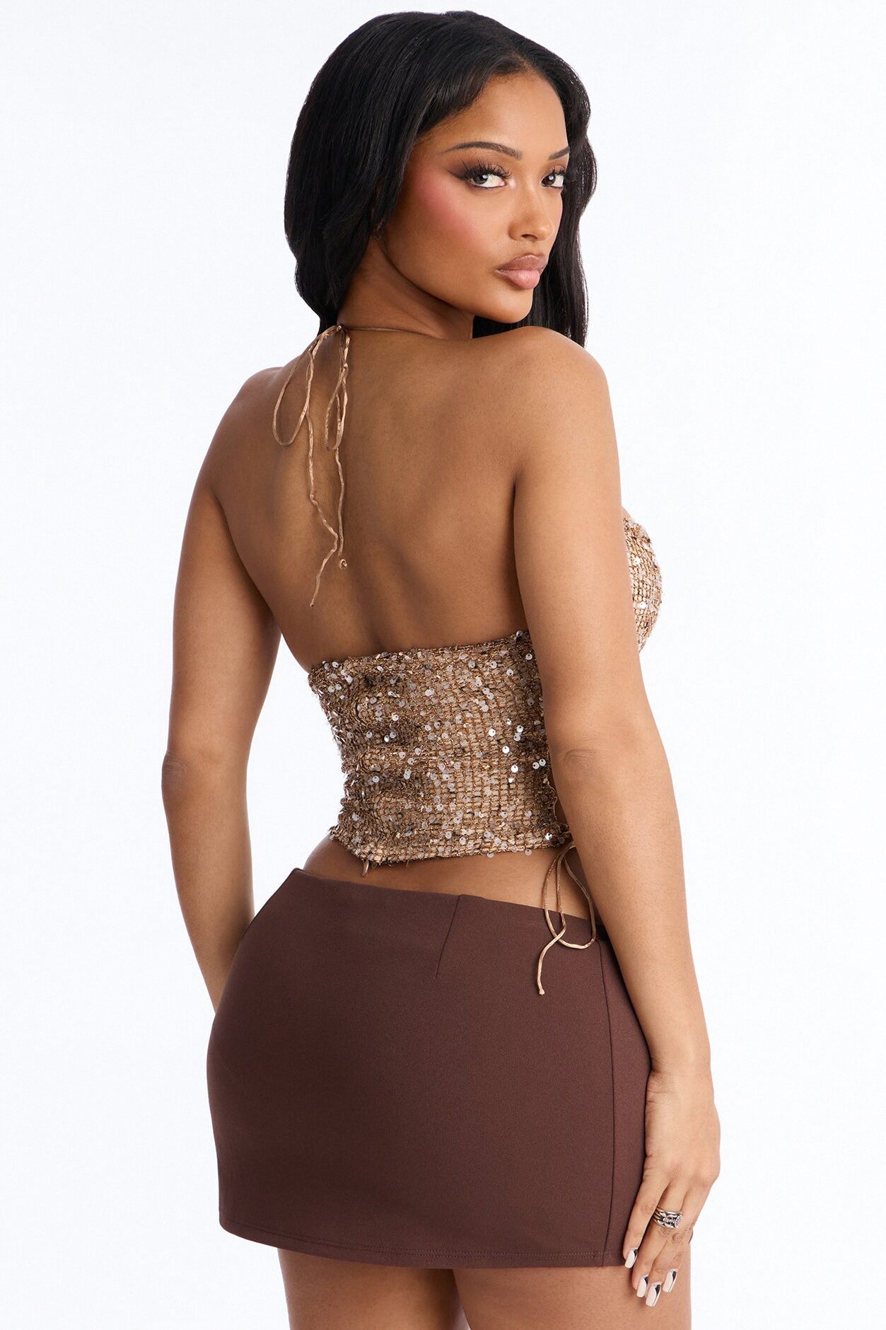 All The Glitters Lace Up Sequin Halter Top - Taupe
