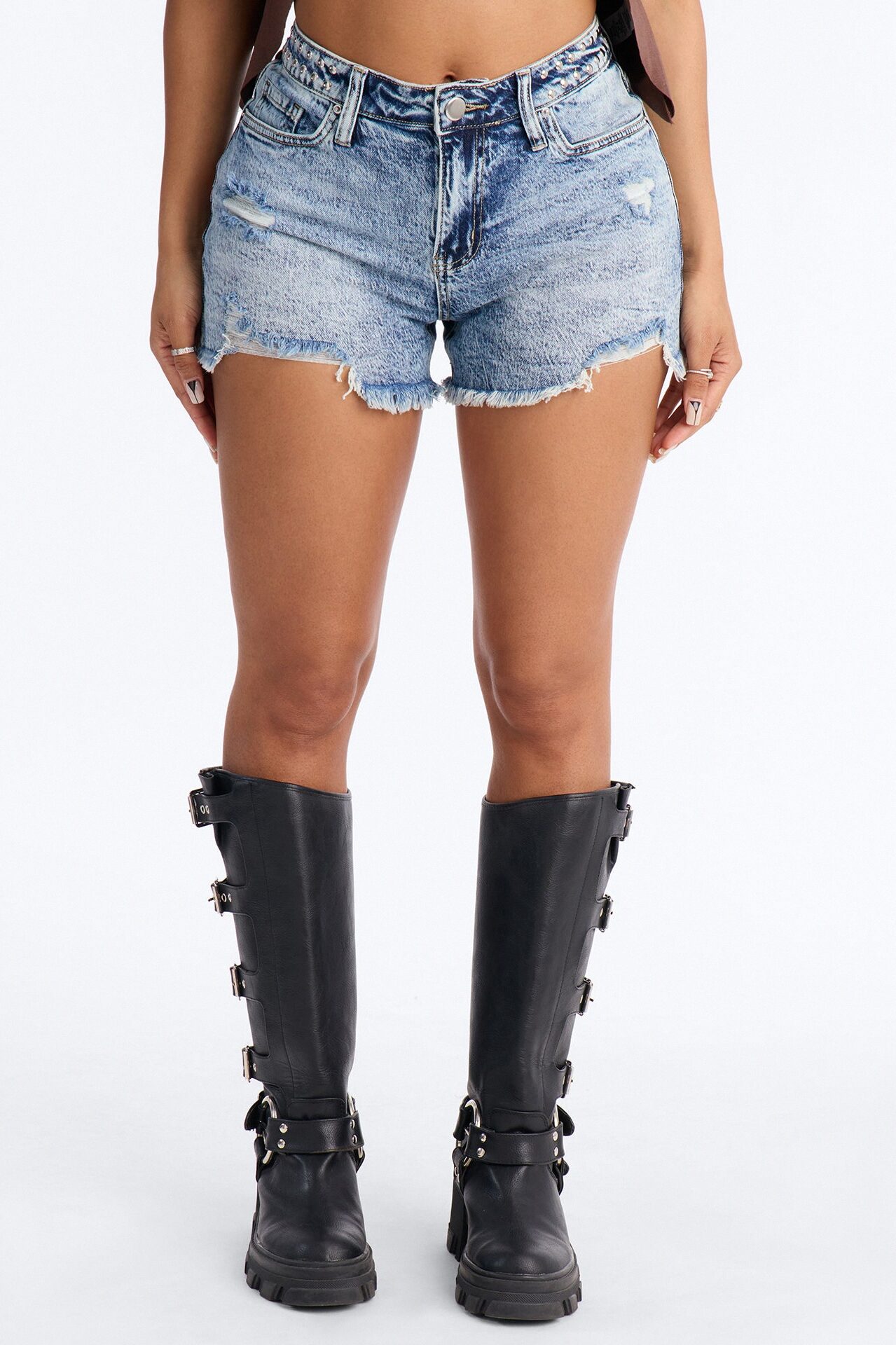 Iconic Embellished Cut Off Denim Shorts - Medium Wash