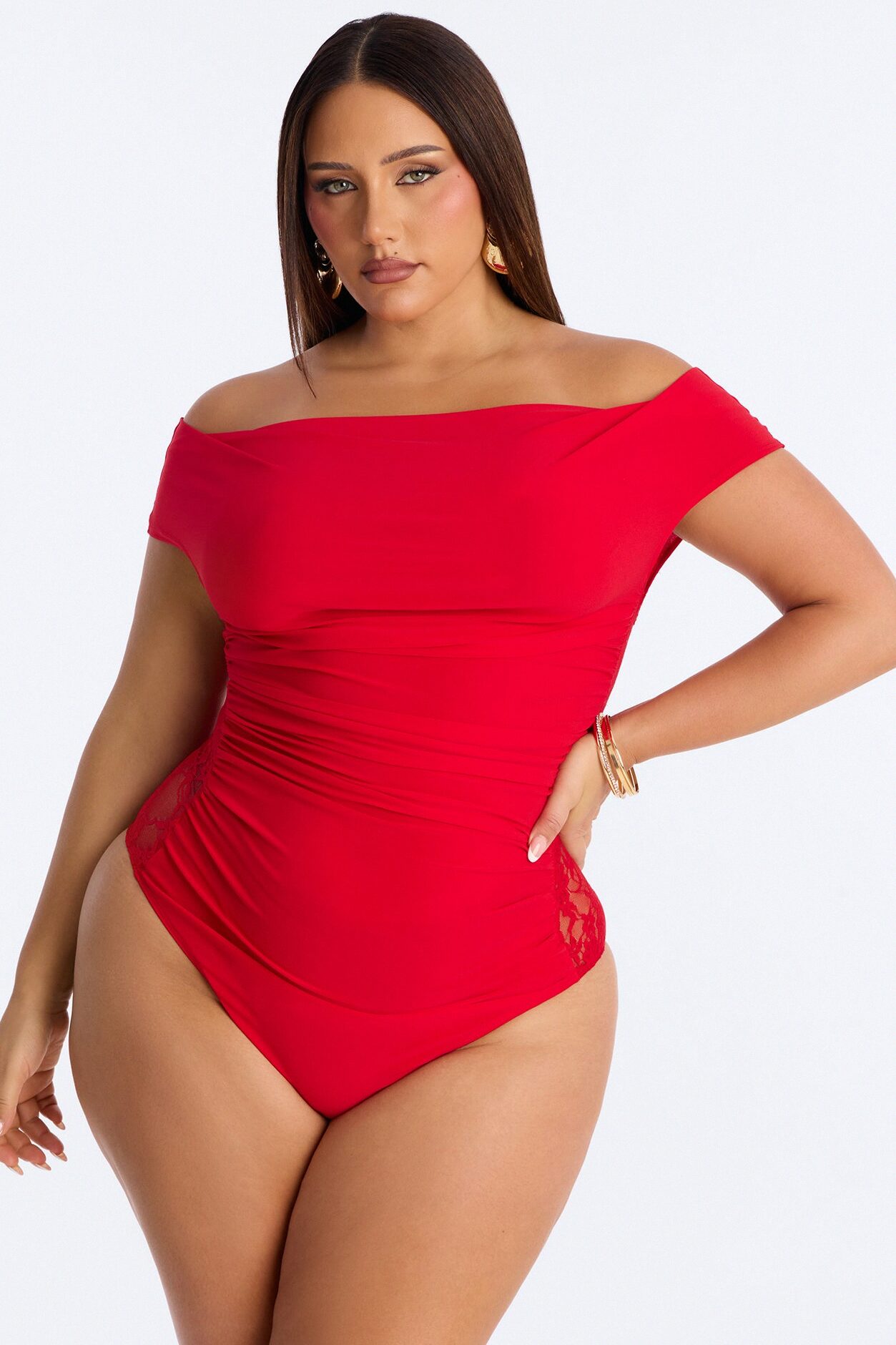 Show A Little Lace Off Shoulder Bodysuit - Red