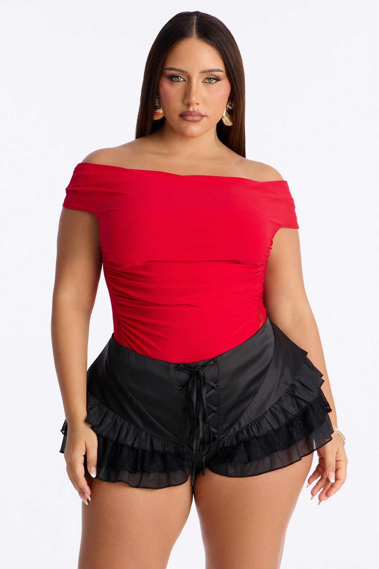 Show A Little Lace Off Shoulder Bodysuit - Red