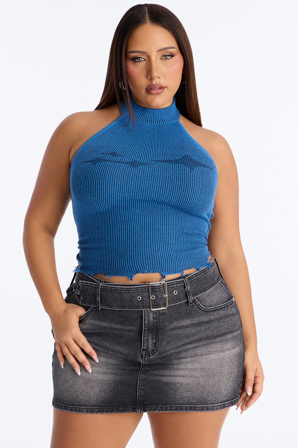 You're A Star Marled Sweater Halter Top - Blue/combo