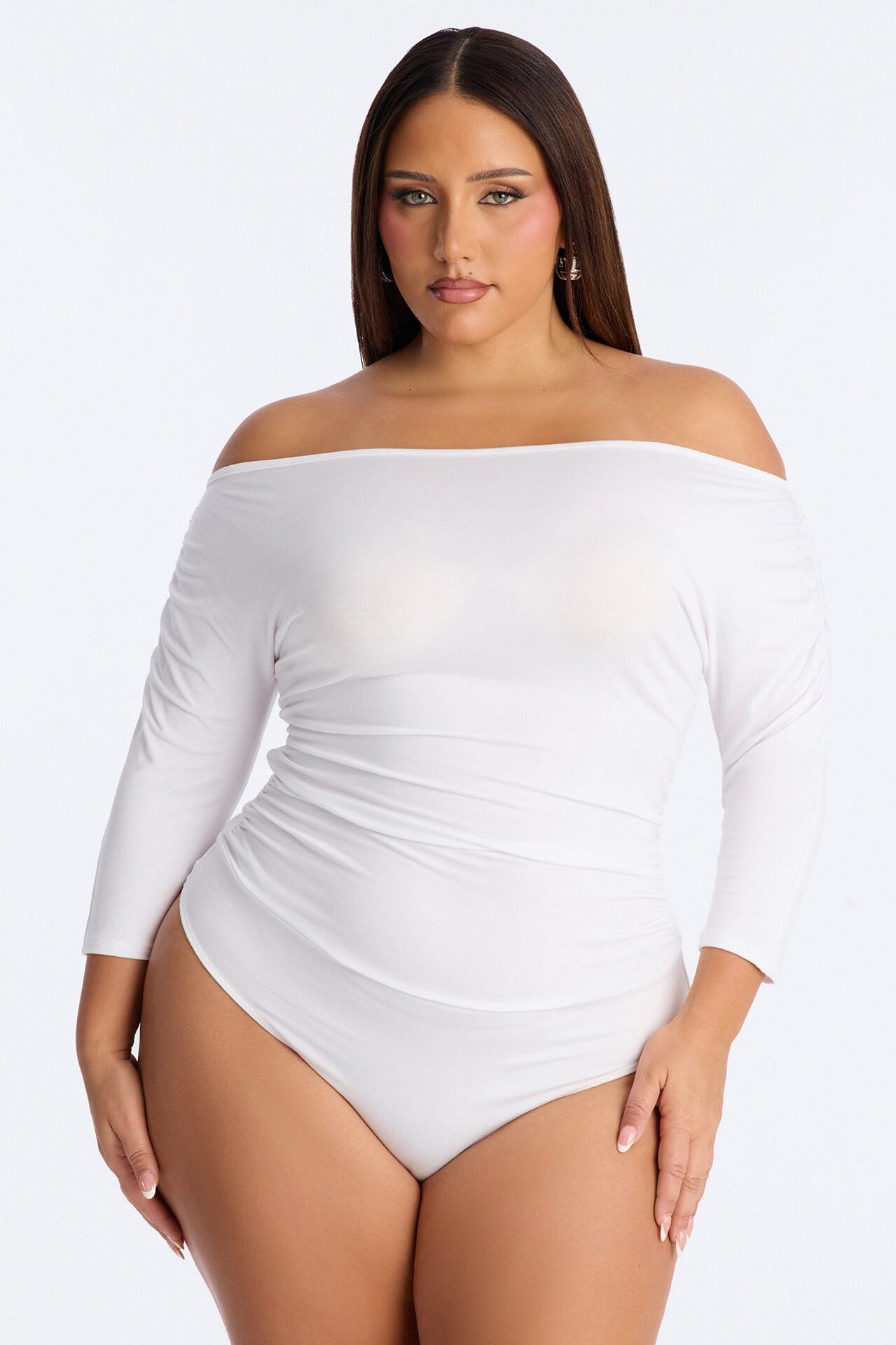 Lola Boat Neck Ruched Sleeve Bodysuit - White