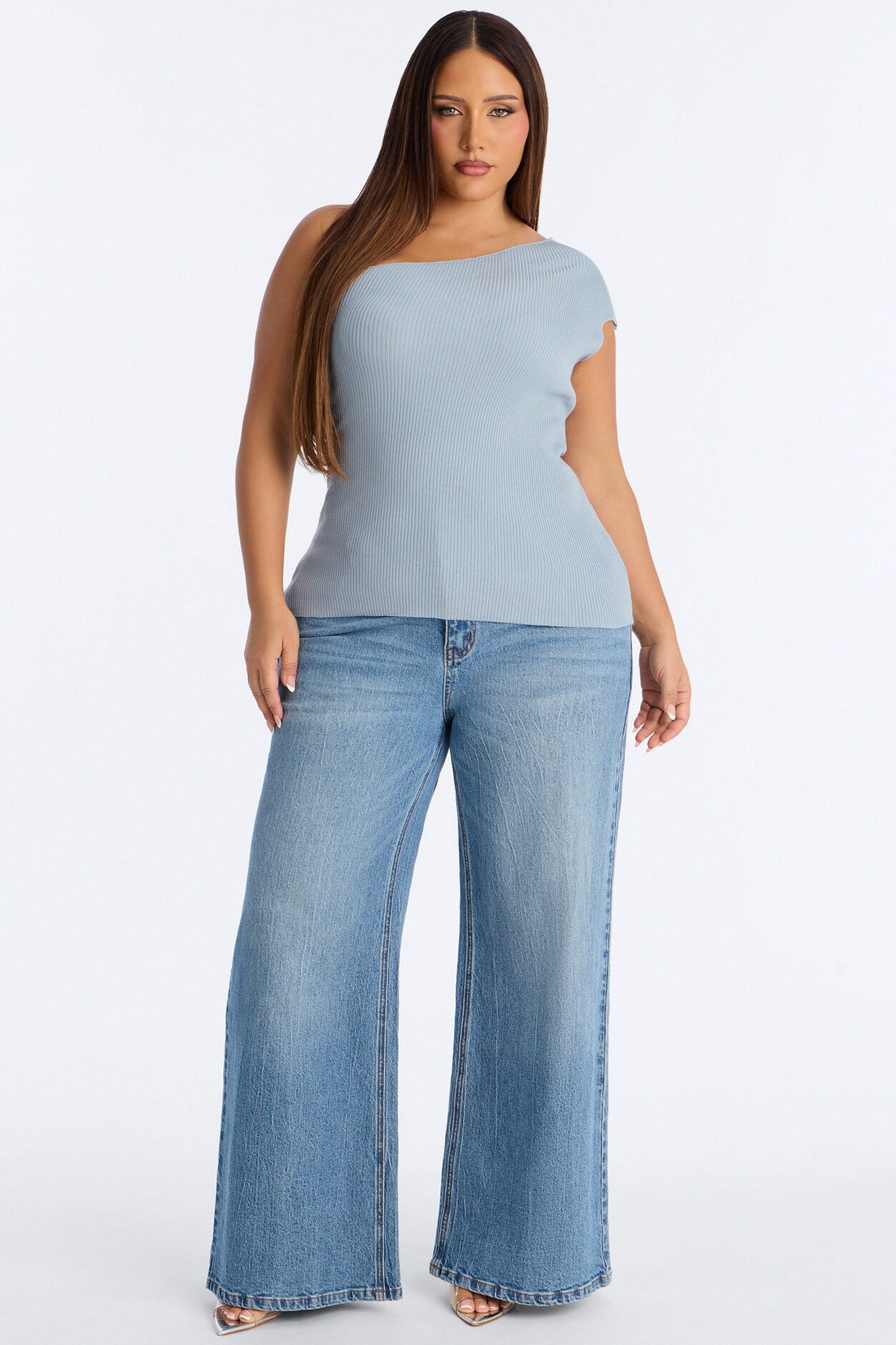 Not So Ordinary One Shoulder Sweater Top - Light Blue