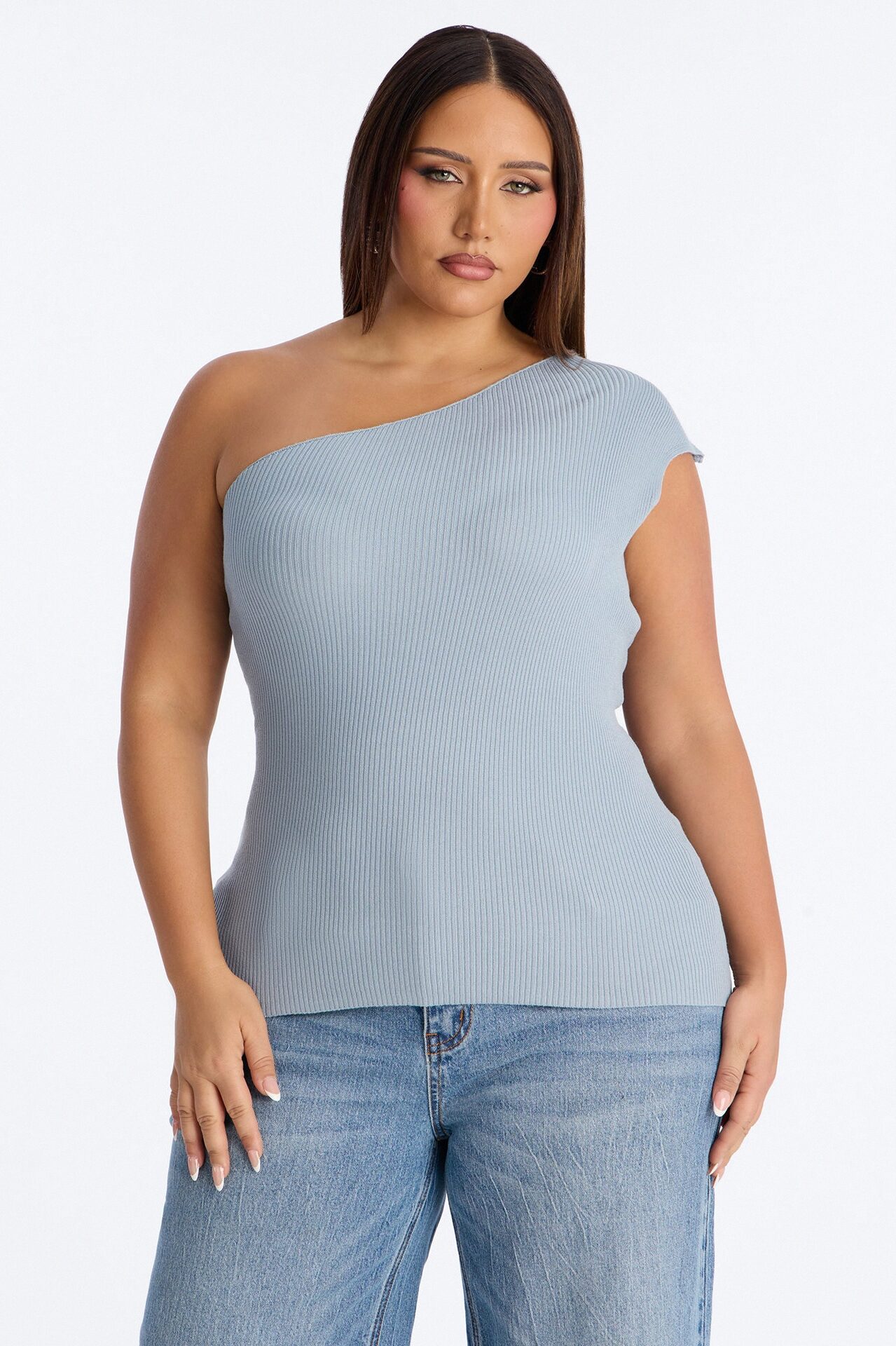 Not So Ordinary One Shoulder Sweater Top - Light Blue
