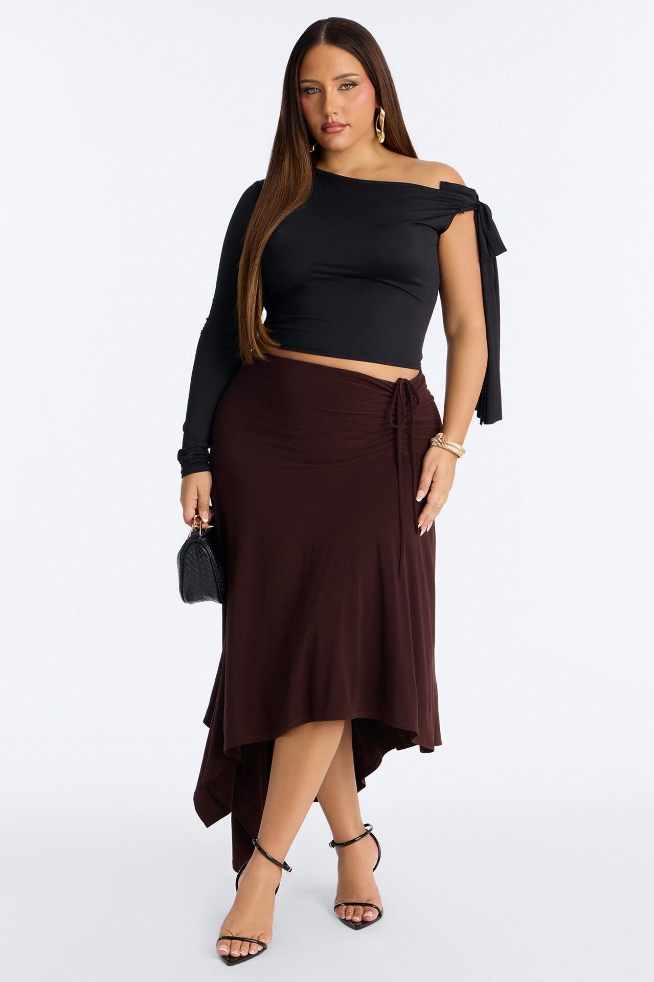 Leila Ruched Asymmetrical Midi Skirt - Chocolate