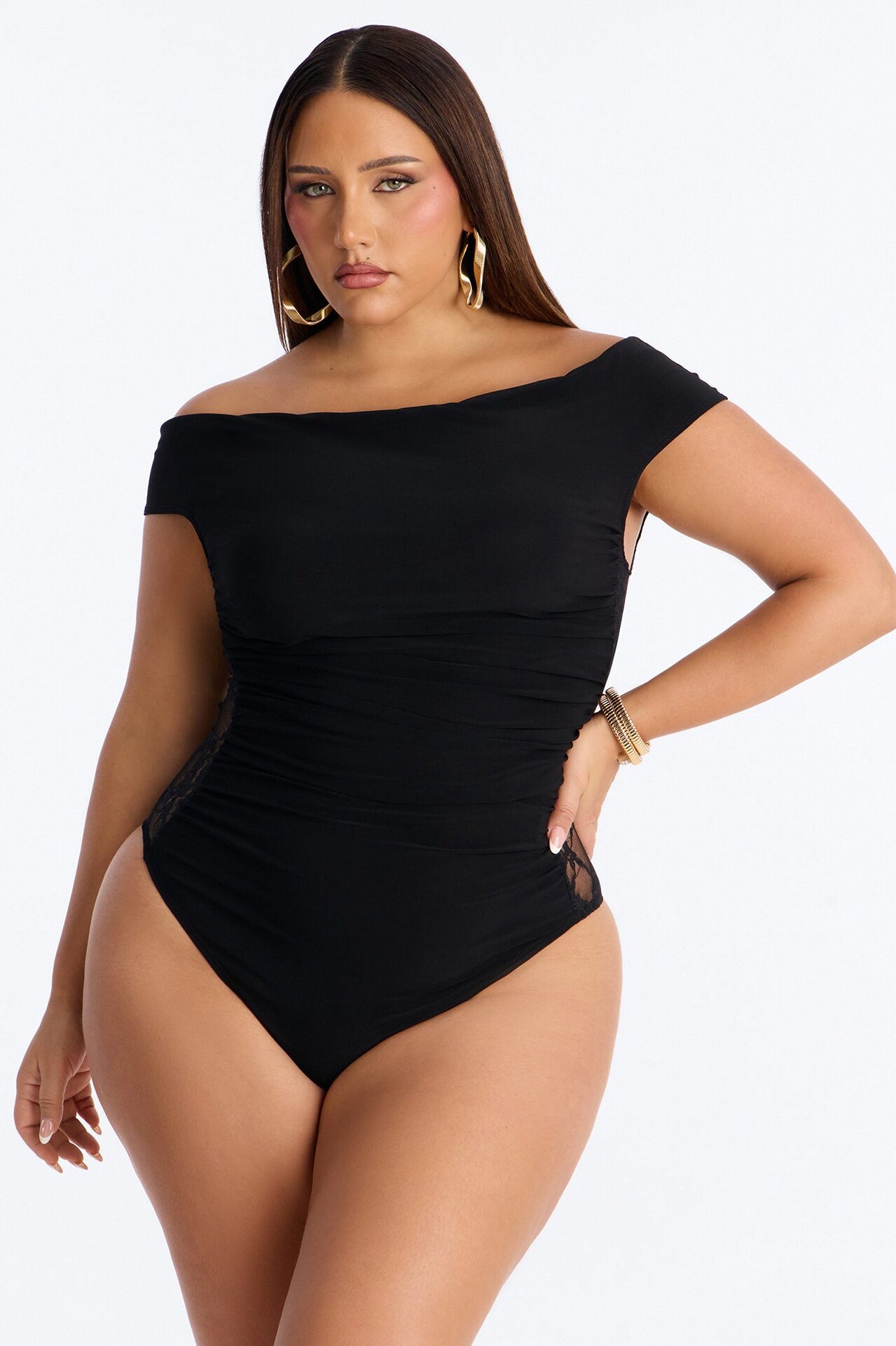 Show A Little Lace Off Shoulder Bodysuit - Black