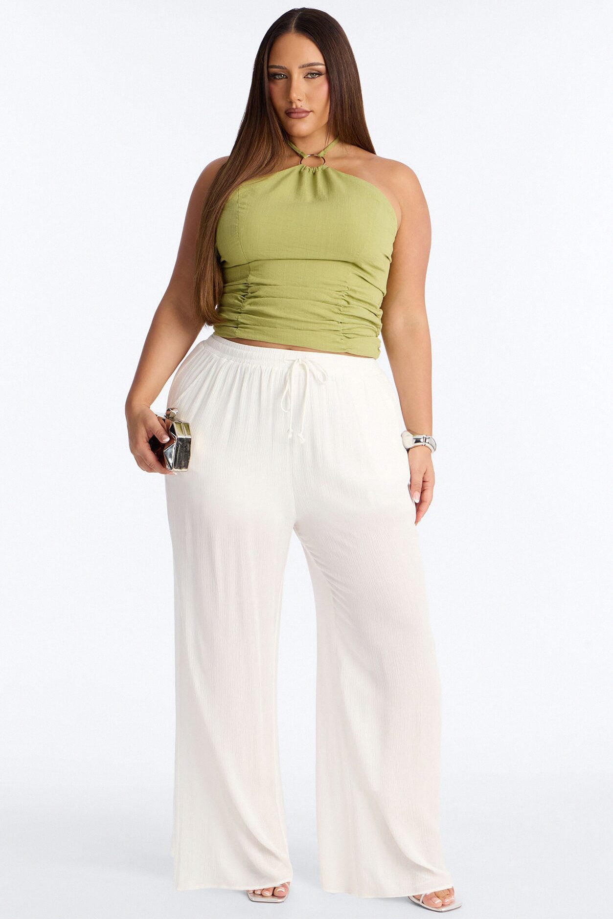 Summer Romance Ruched Halter Top - Sage